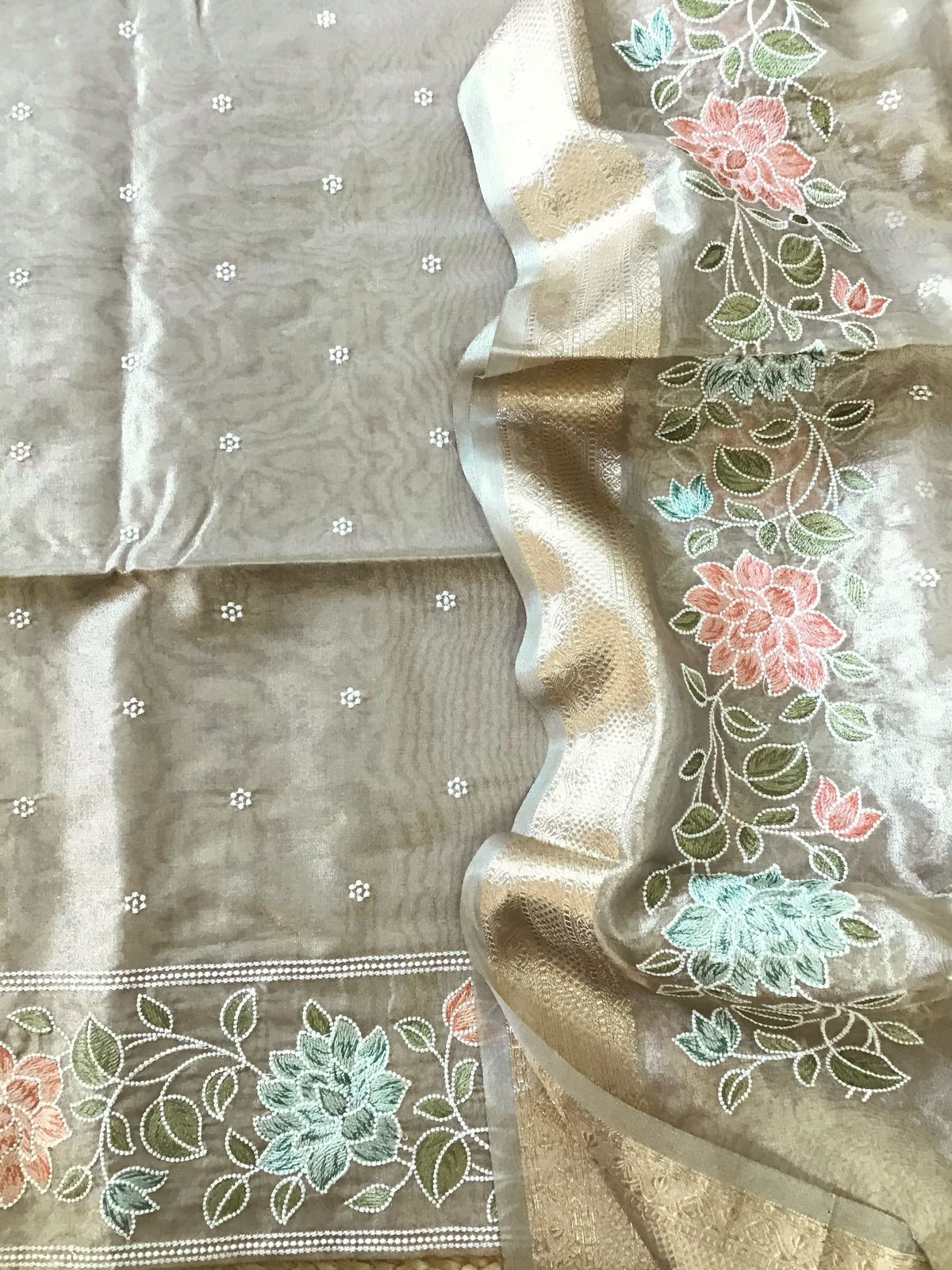 Soft Fine Tissue Organza Embroidered Suit - Beige