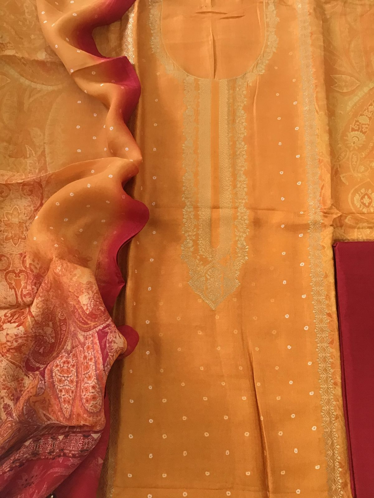 Pure Upada Silk Printed Banarasi Weaved Suit - Orange