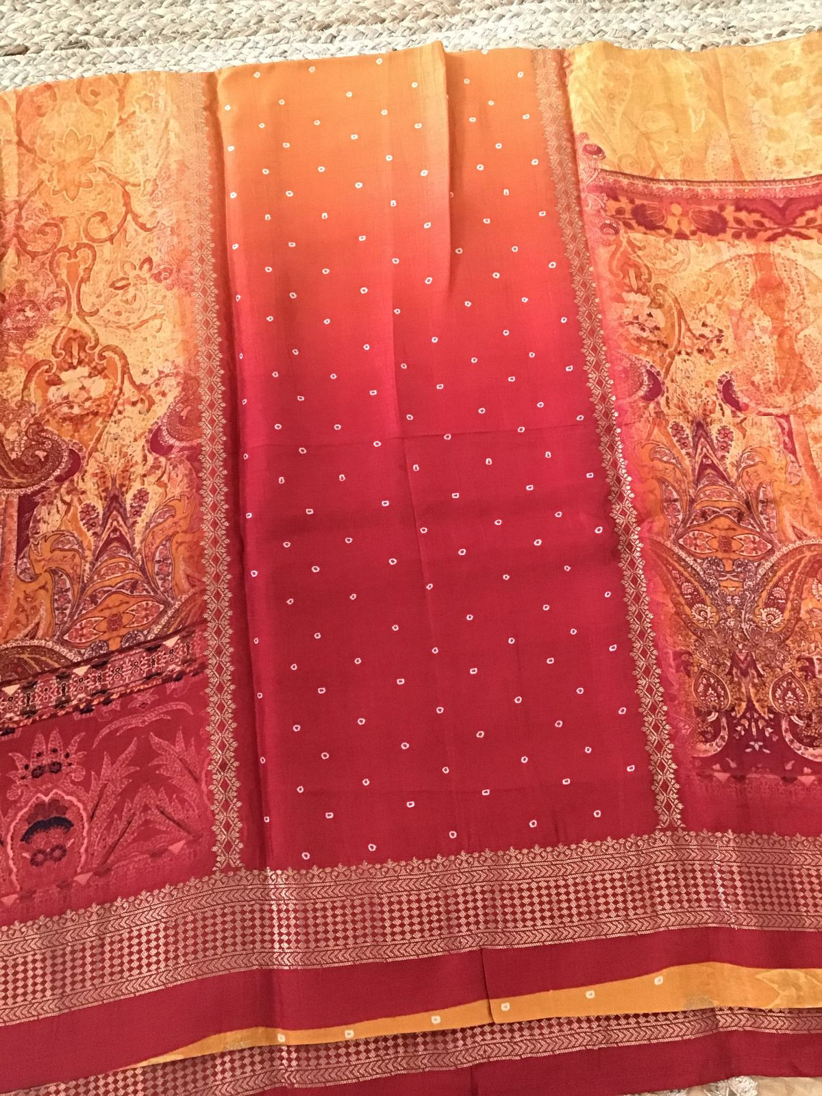 Pure Upada Silk Printed Banarasi Weaved Suit - Orange