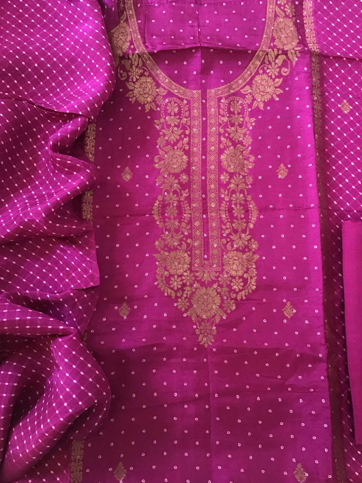 Pure Upada Silk Printed Banarasi Weaved Suit - Magenta