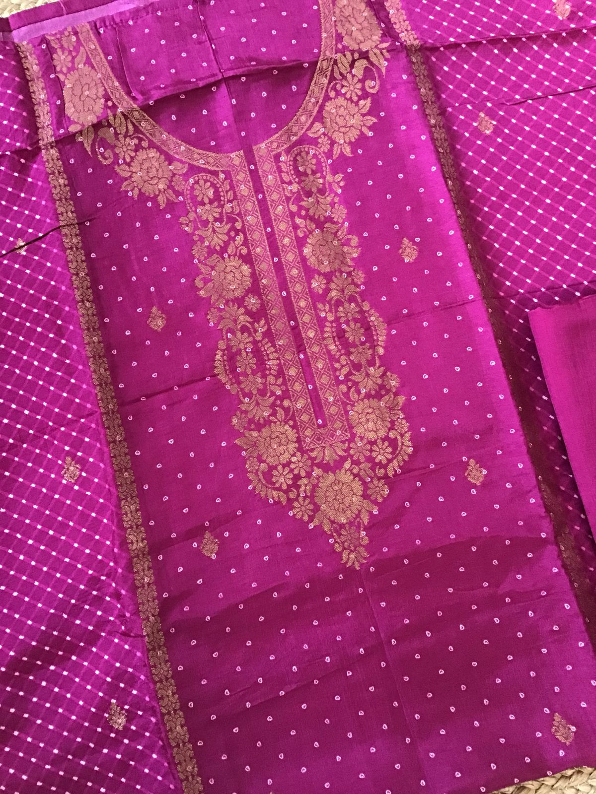 Pure Upada Silk Printed Banarasi Weaved Suit - Magenta