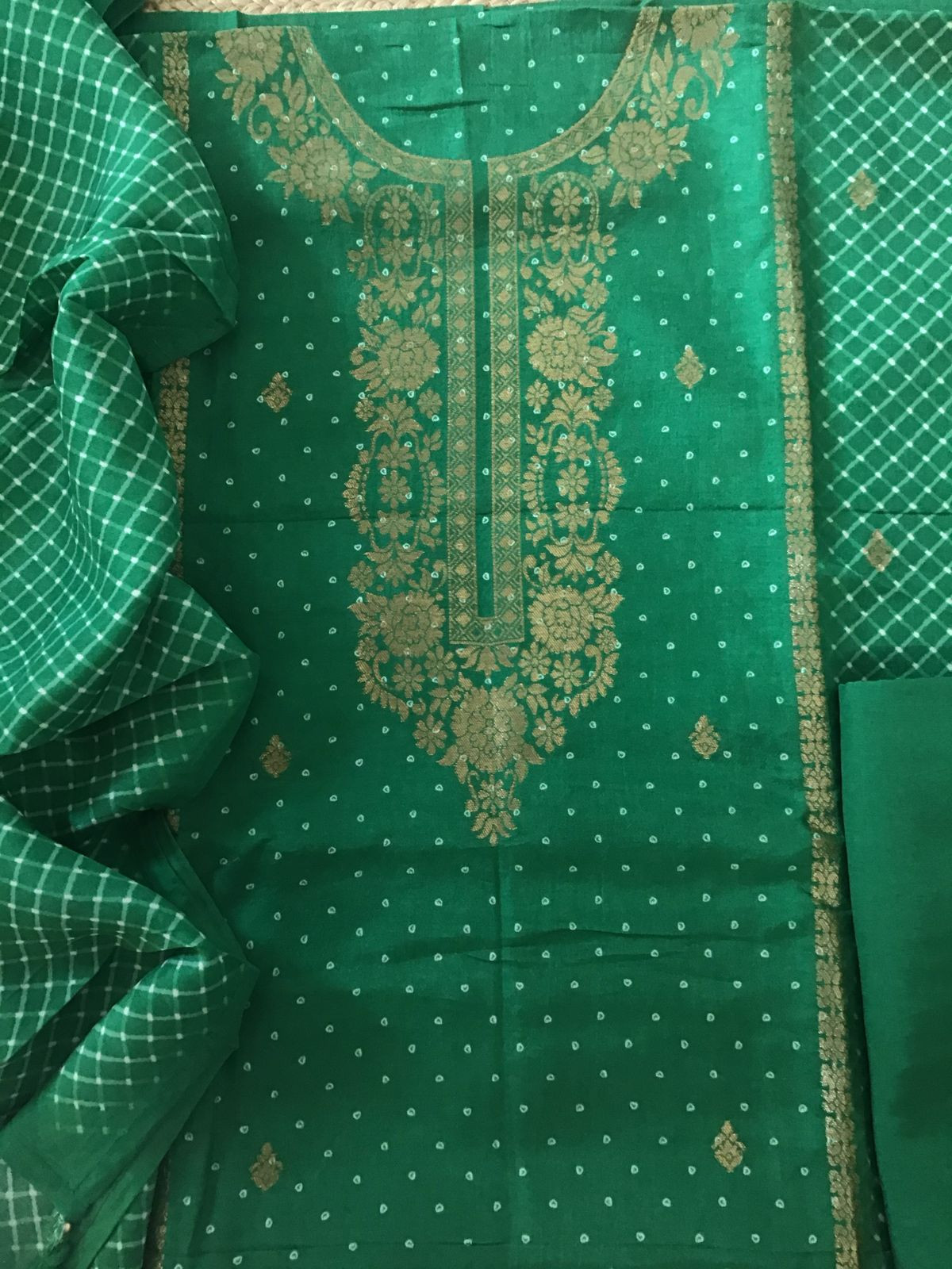 Pure Upada Silk Printed Banarasi Weaved Suit - Green