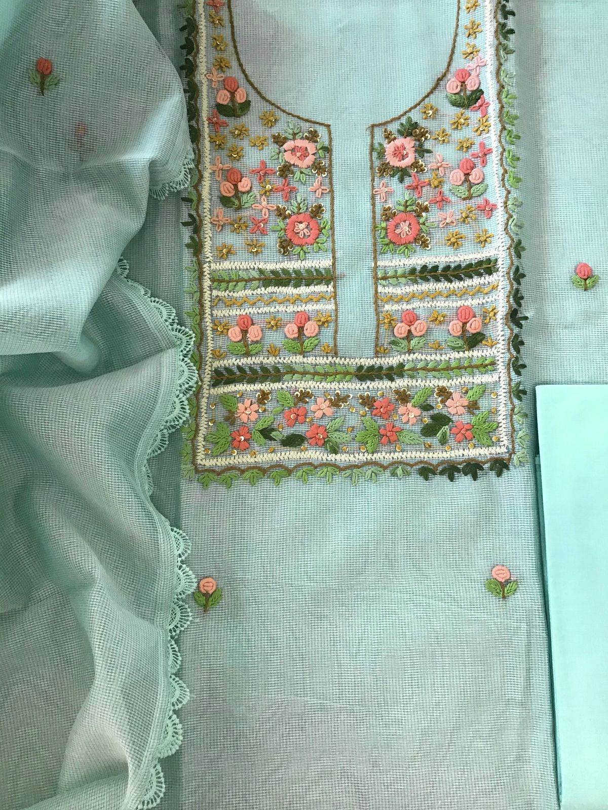 Soft Fine Supernet Embroidered Suit - Sea Blue