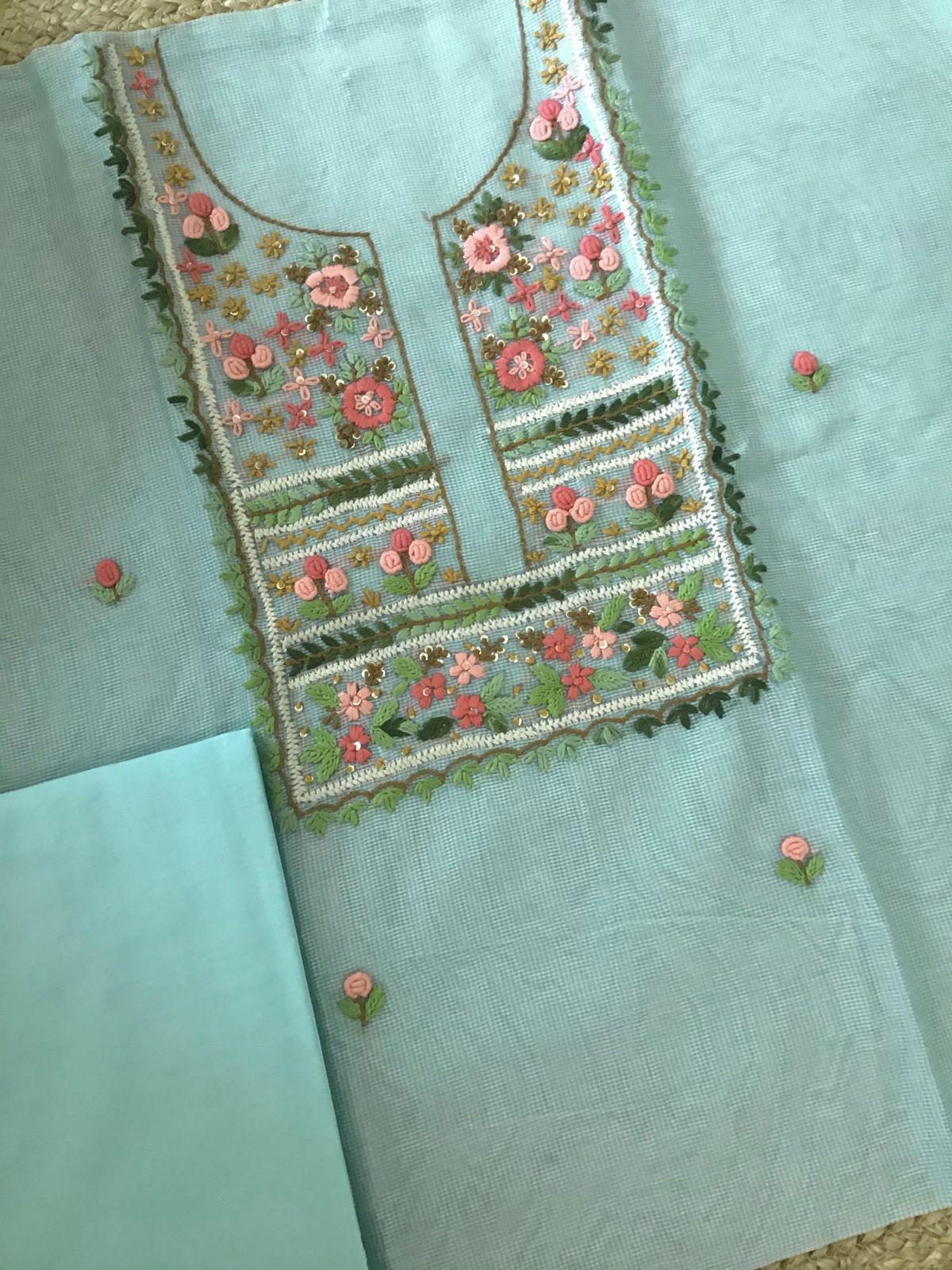 Soft Fine Supernet Embroidered Suit - Sea Blue