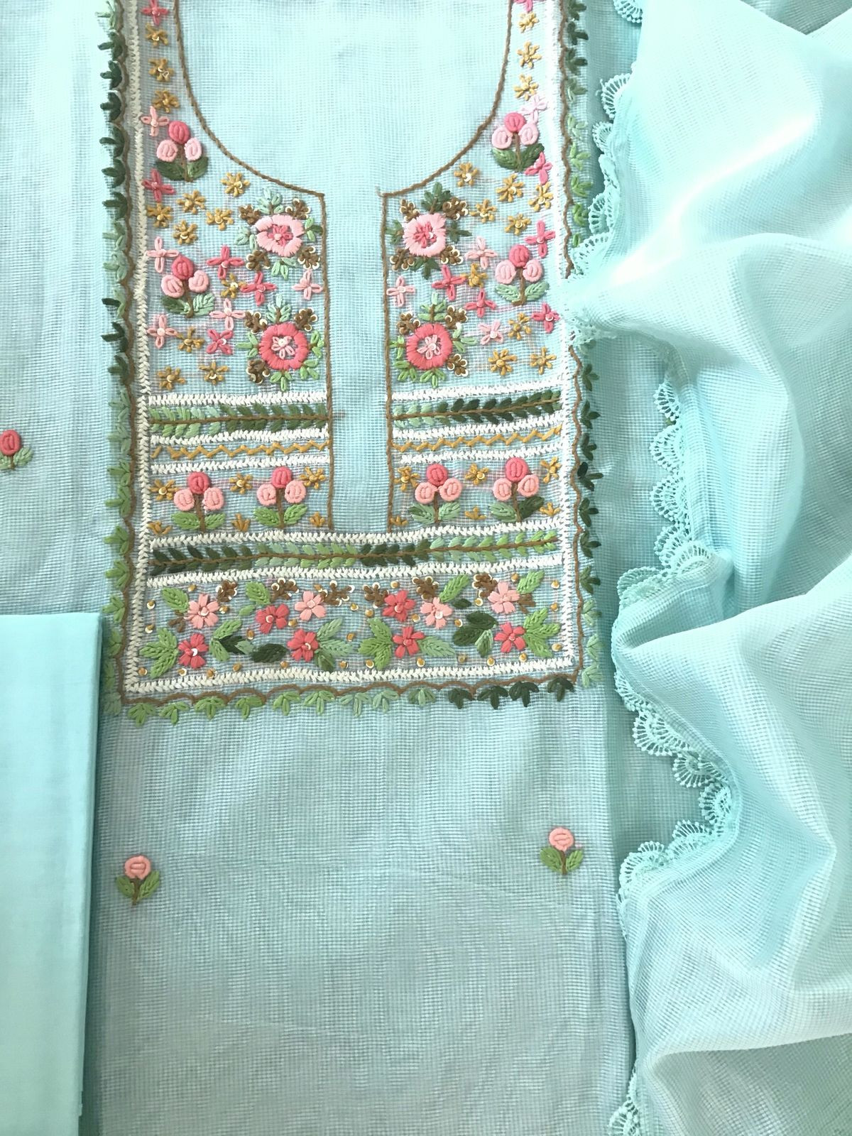 Soft Fine Supernet Embroidered Suit - Sea Blue