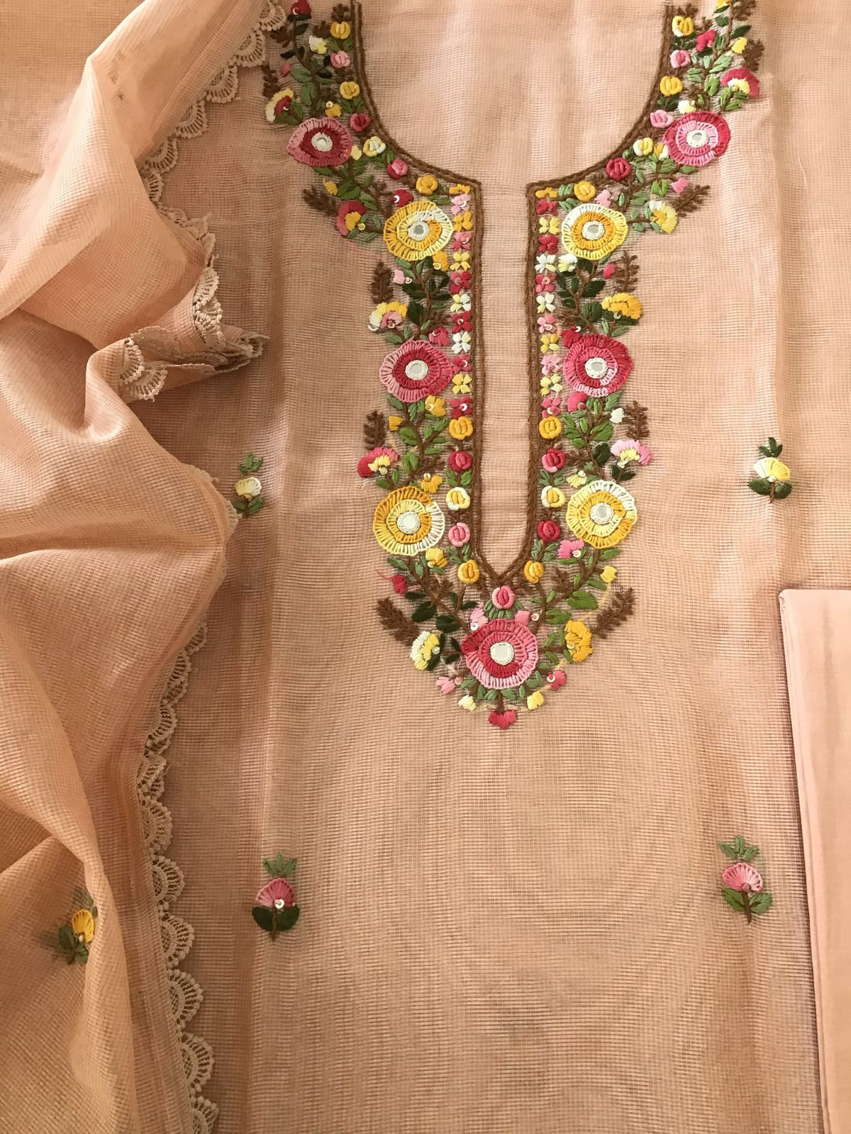 Soft Fine Supernet Embroidered Suit - Peach
