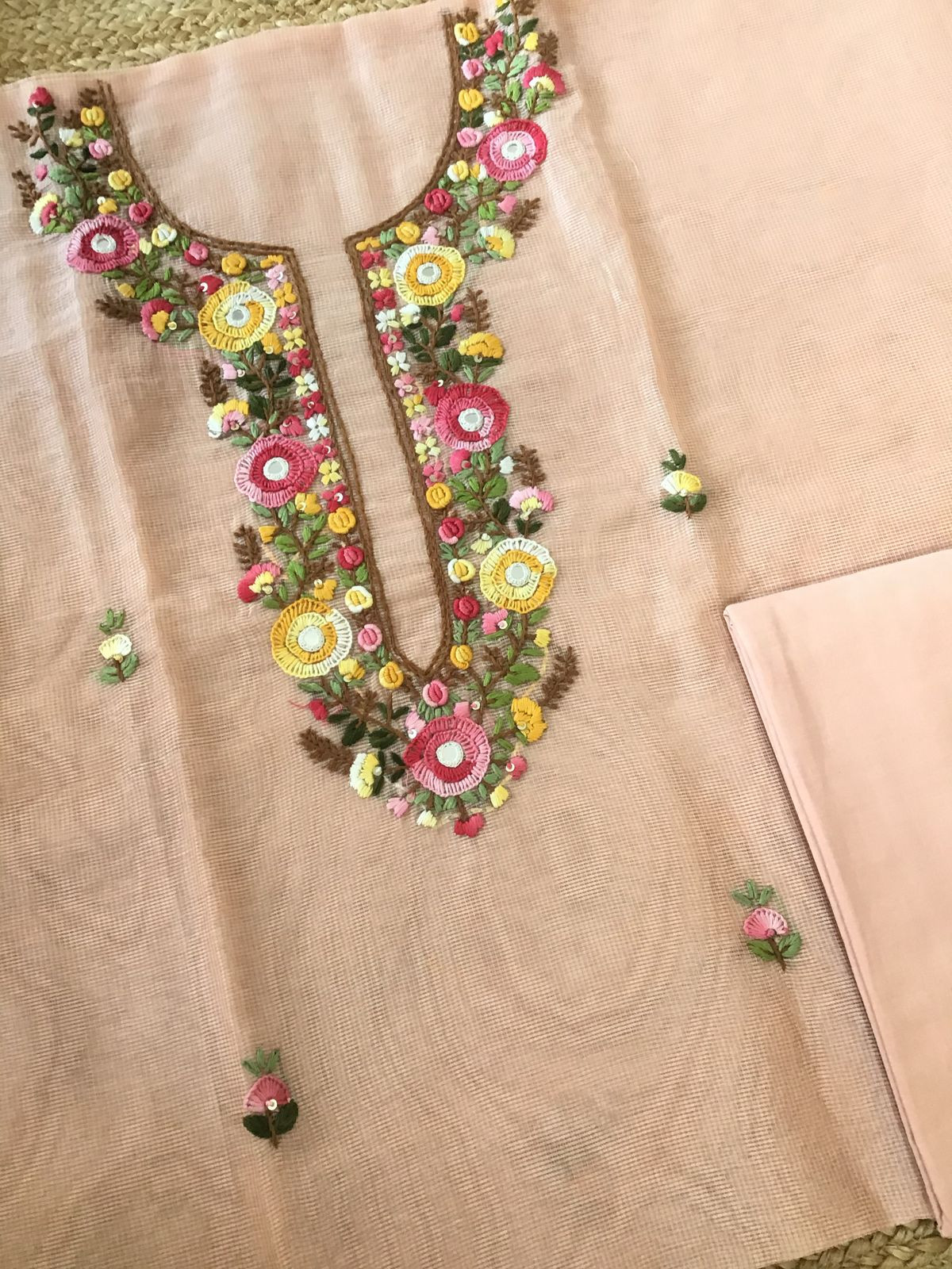 Soft Fine Supernet Embroidered Suit - Peach