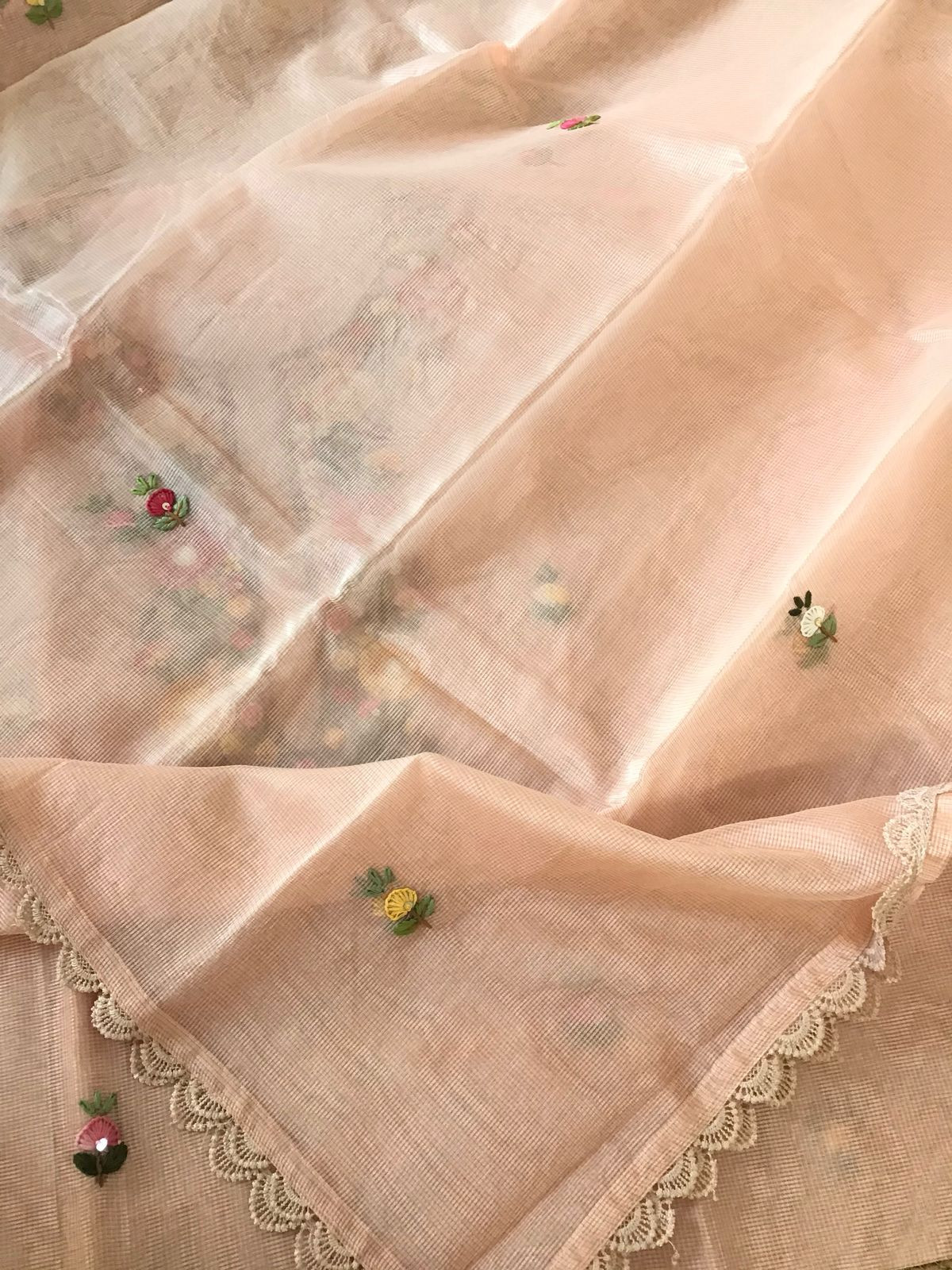 Soft Fine Supernet Embroidered Suit - Peach