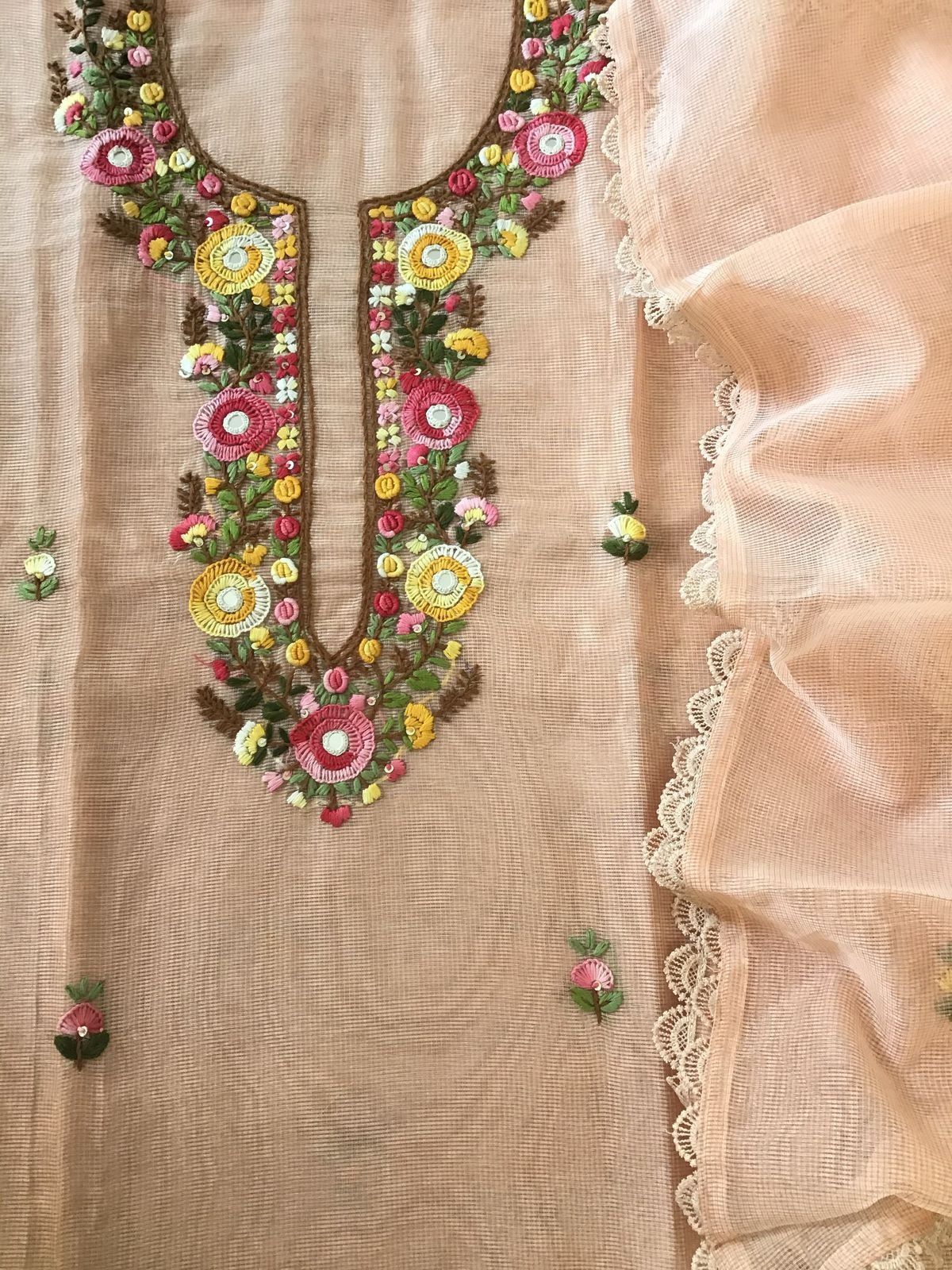 Soft Fine Supernet Embroidered Suit - Peach