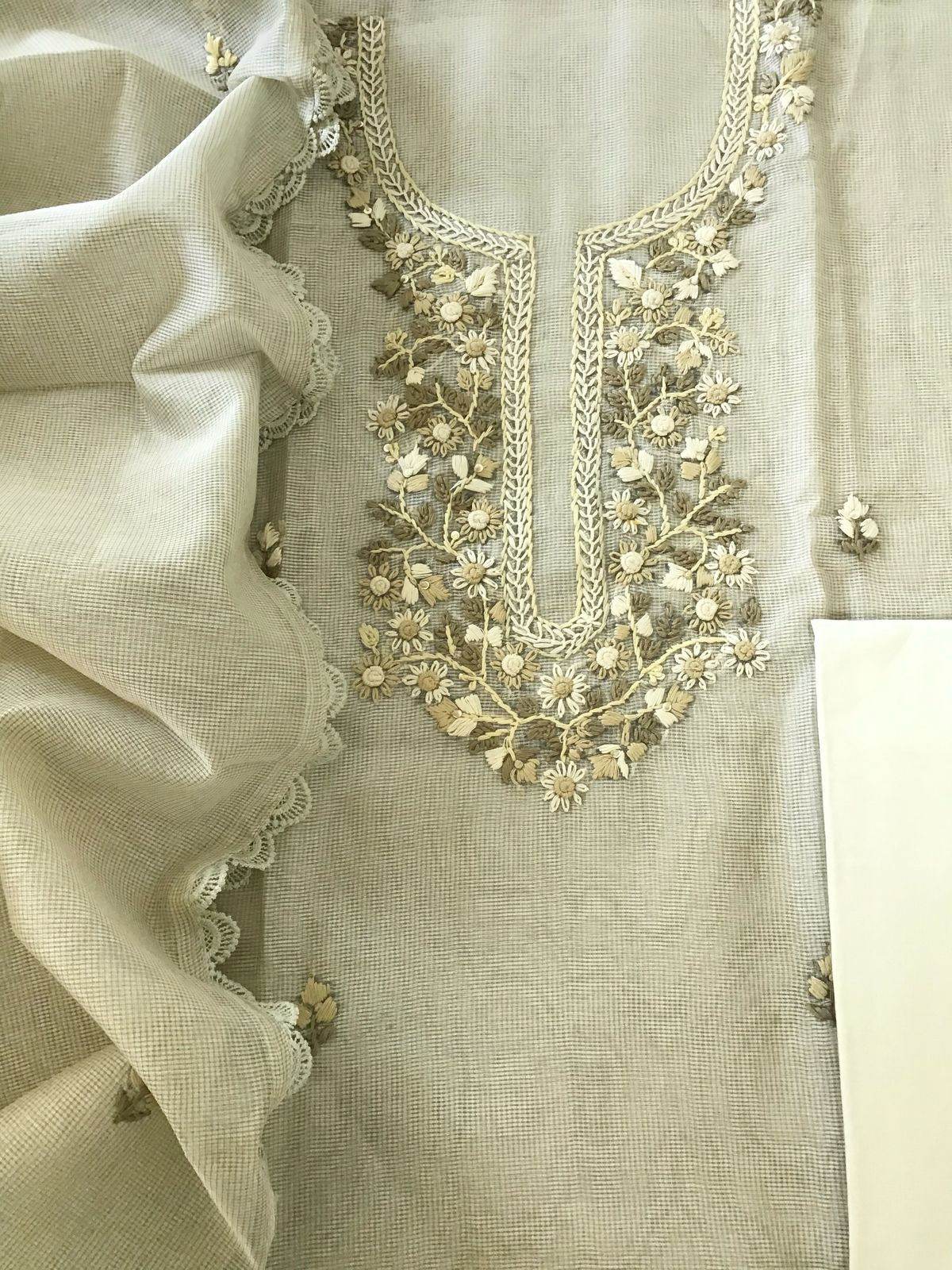 Soft Fine Supernet Embroidered Suit - Beige