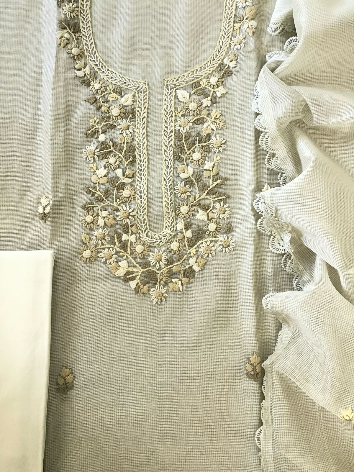 Soft Fine Supernet Embroidered Suit - Beige