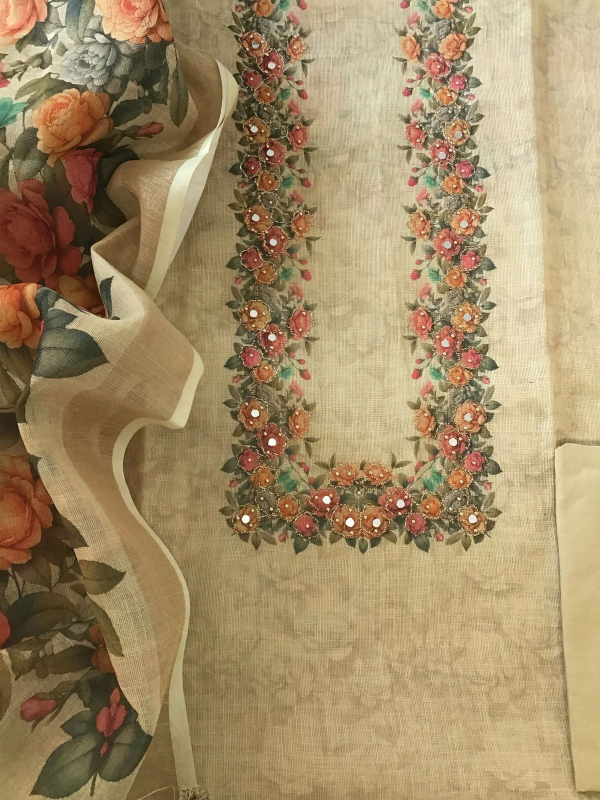 Soft Tissue Slub Cotton Printed Embroidered Suit - Beige