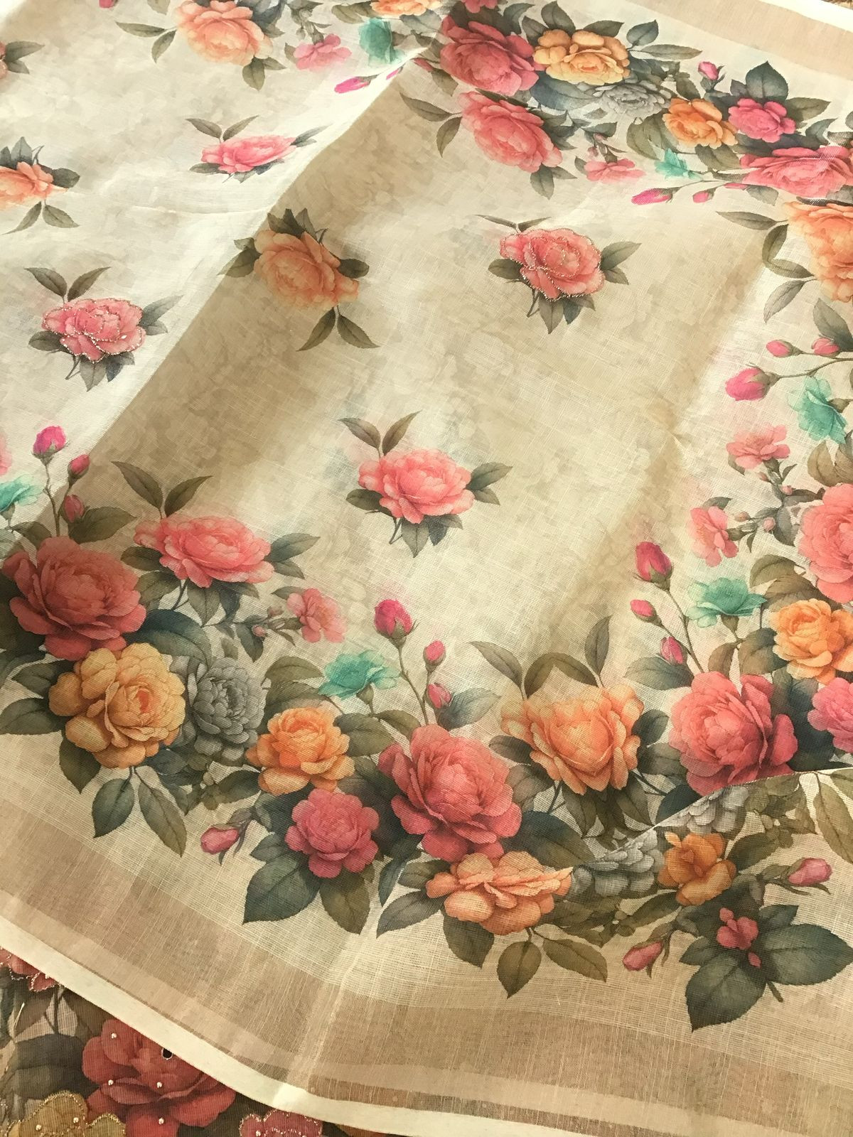 Soft Tissue Slub Cotton Printed Embroidered Suit - Beige