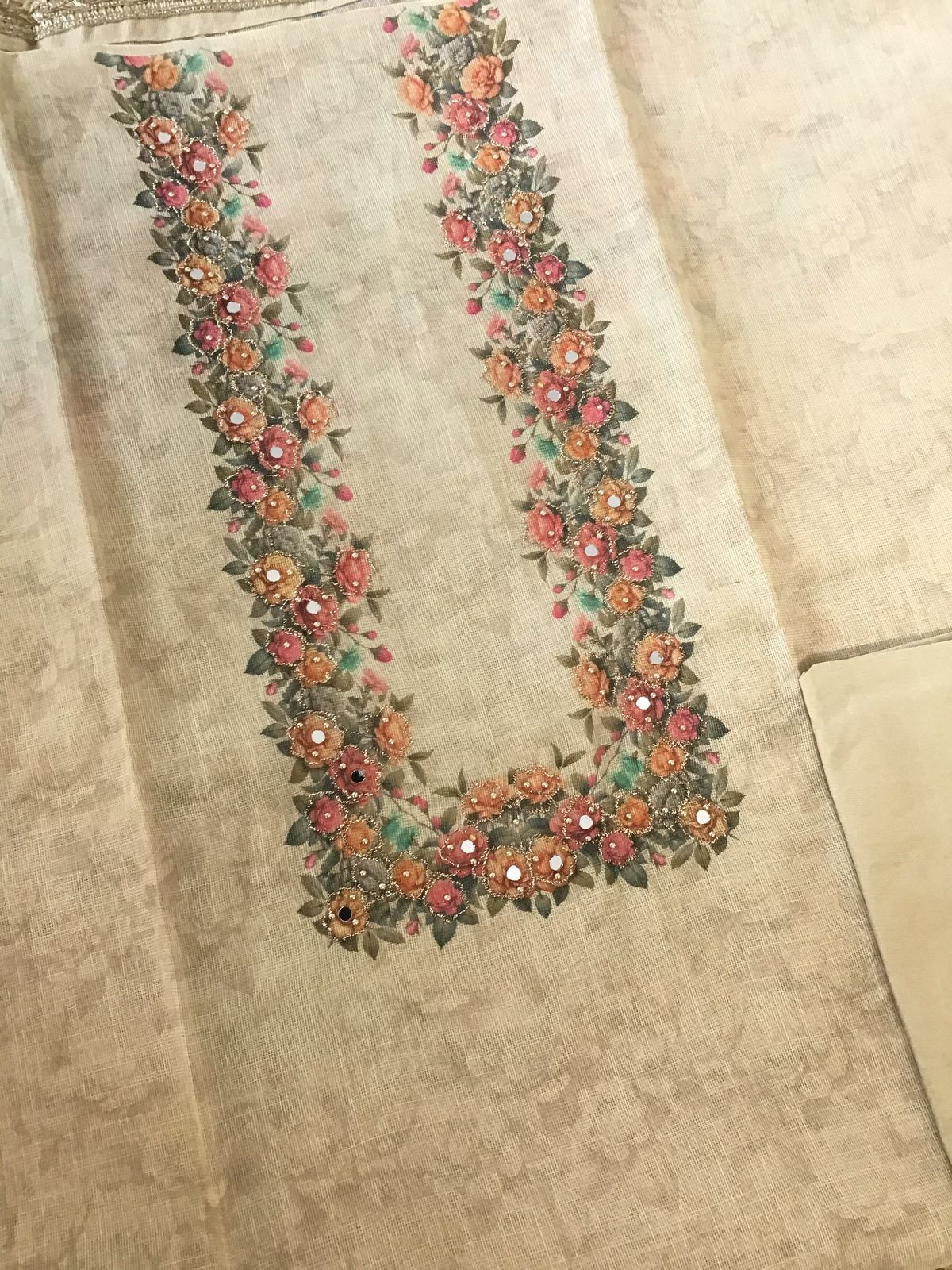 Soft Tissue Slub Cotton Printed Embroidered Suit - Beige