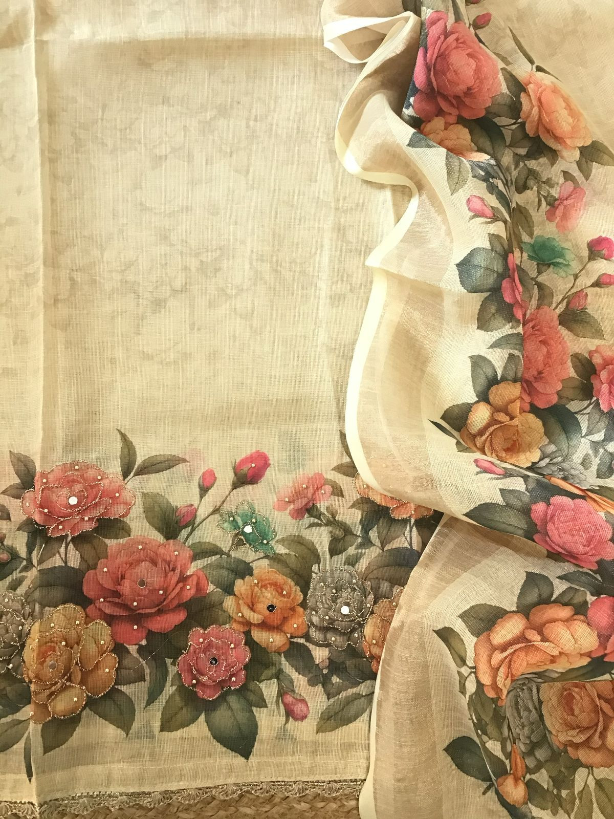 Soft Tissue Slub Cotton Printed Embroidered Suit - Beige