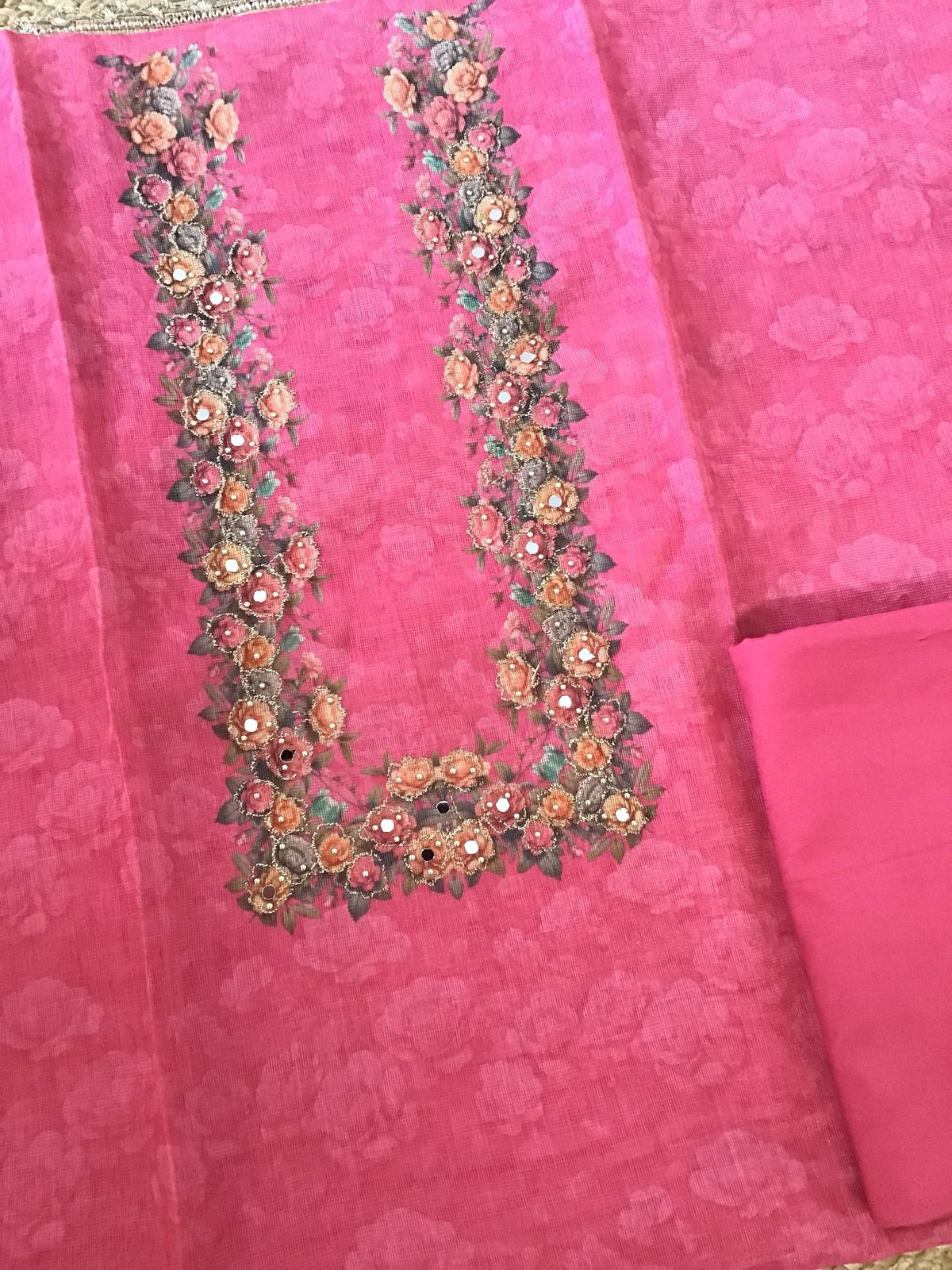 Soft Tissue Slub Cotton Printed Embroidered Suit - Pink