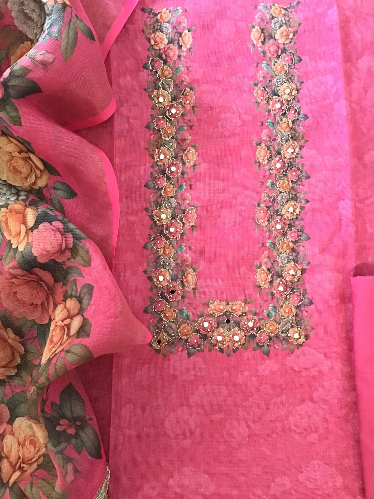 Soft Tissue Slub Cotton Printed Embroidered Suit - Pink