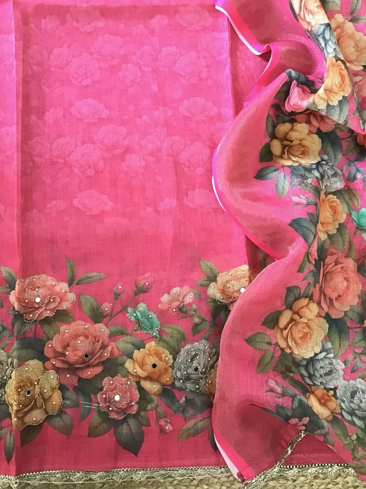 Soft Tissue Slub Cotton Printed Embroidered Suit - Pink