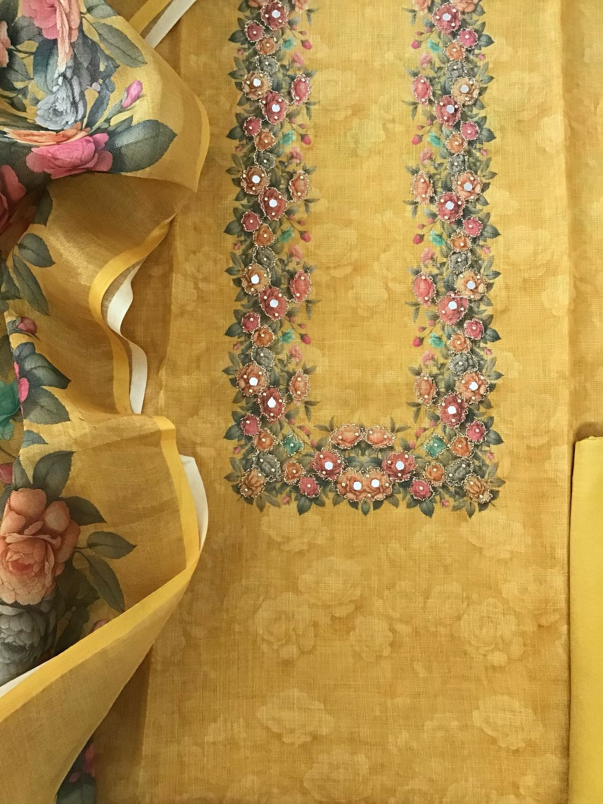 Soft Tissue Slub Cotton Printed Embroidered Suit - Yellow