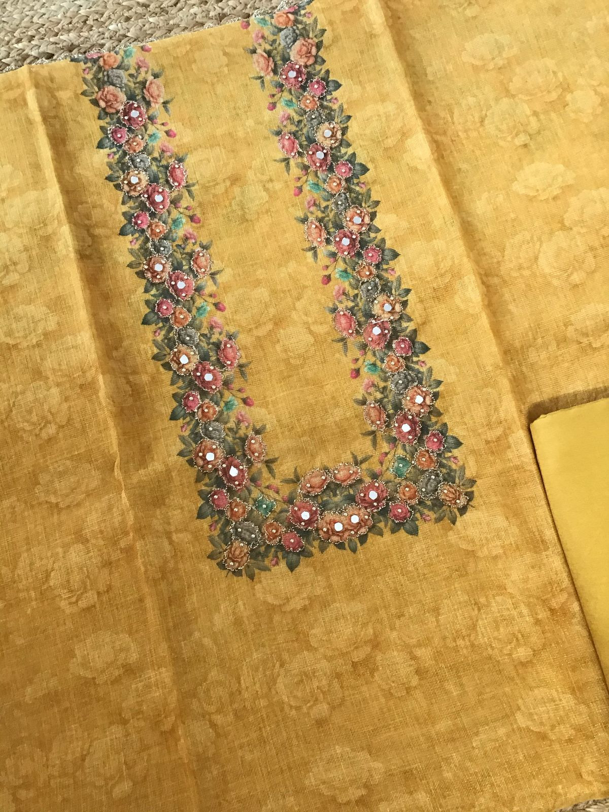 Soft Tissue Slub Cotton Printed Embroidered Suit - Yellow