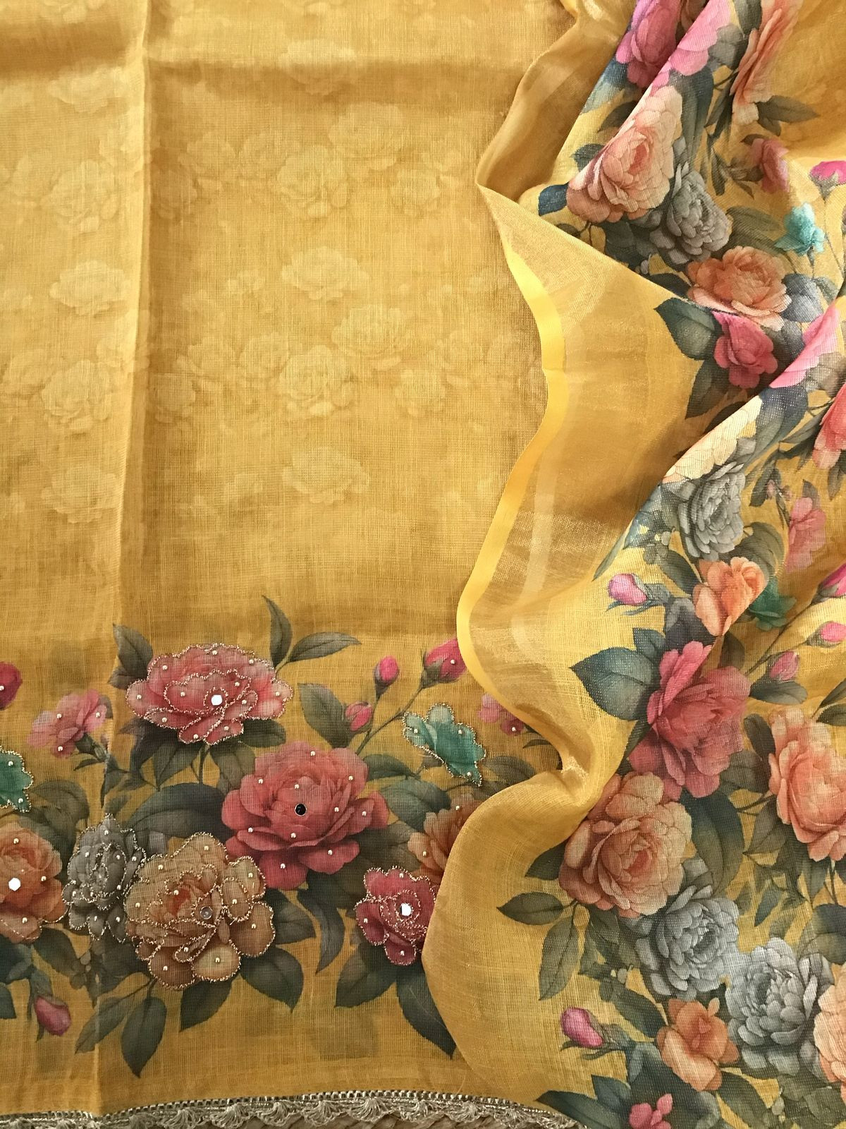 Soft Tissue Slub Cotton Printed Embroidered Suit - Yellow