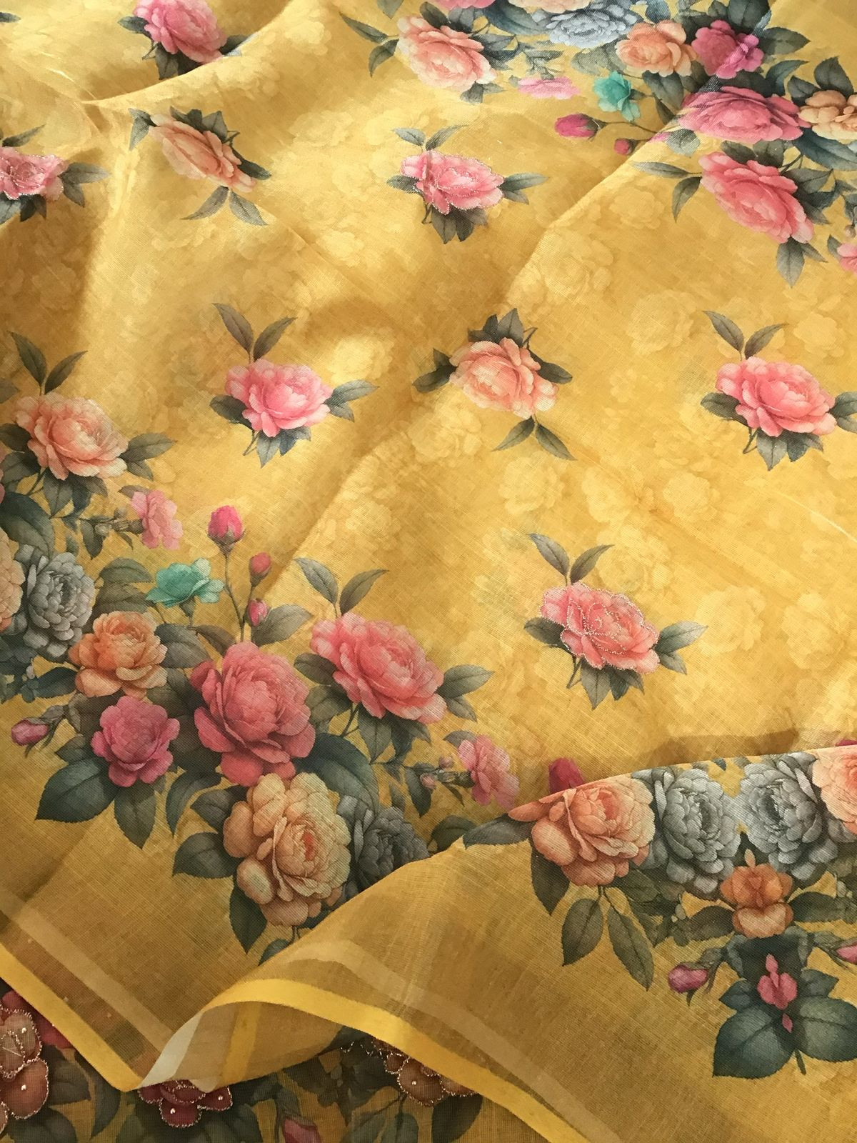 Soft Tissue Slub Cotton Printed Embroidered Suit - Yellow