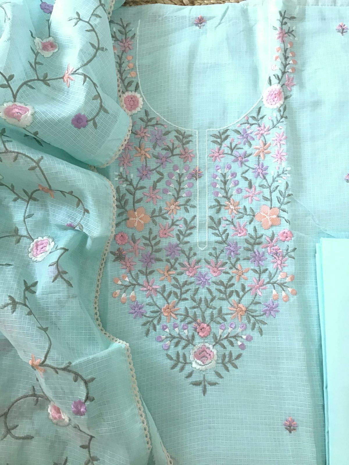 Soft Kota Silk Embroidered Suit - Blue