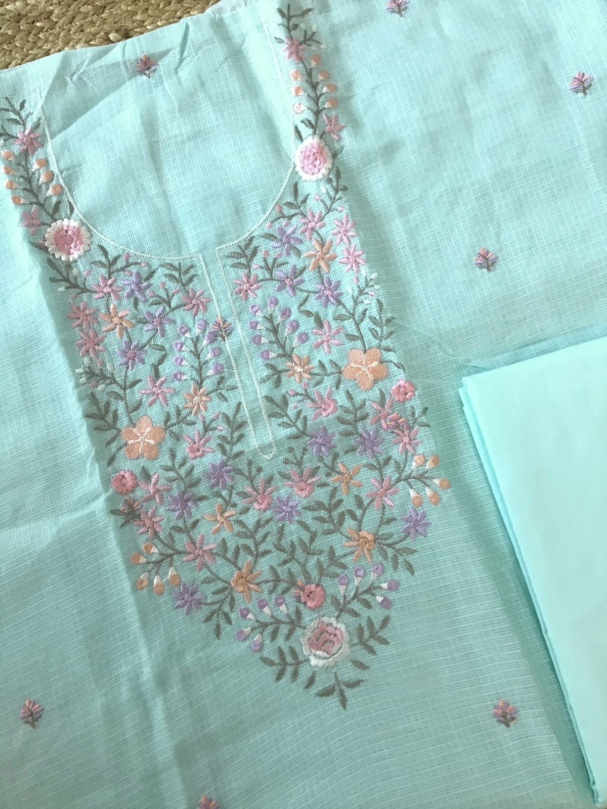 Soft Kota Silk Embroidered Suit - Blue