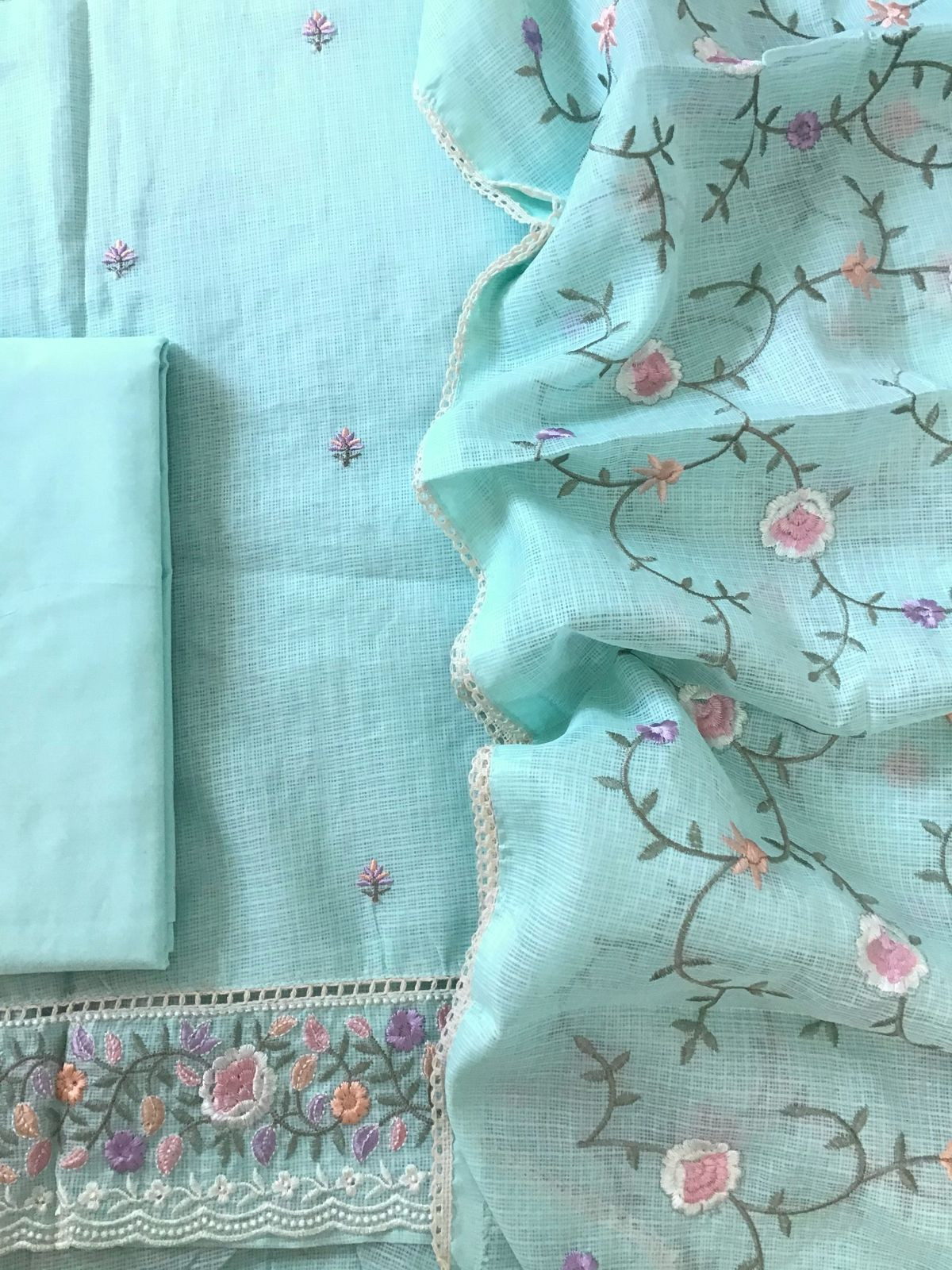 Soft Kota Silk Embroidered Suit - Blue