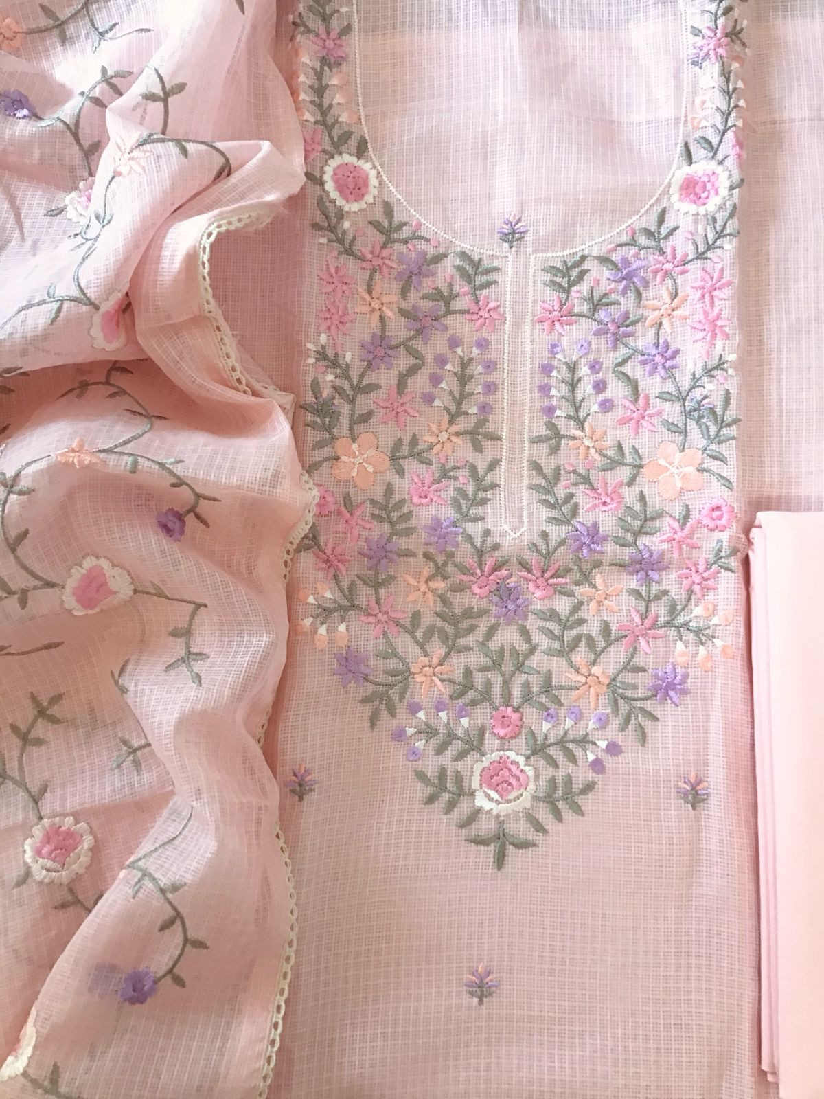 Soft Kota Silk Embroidered Suit - Peach