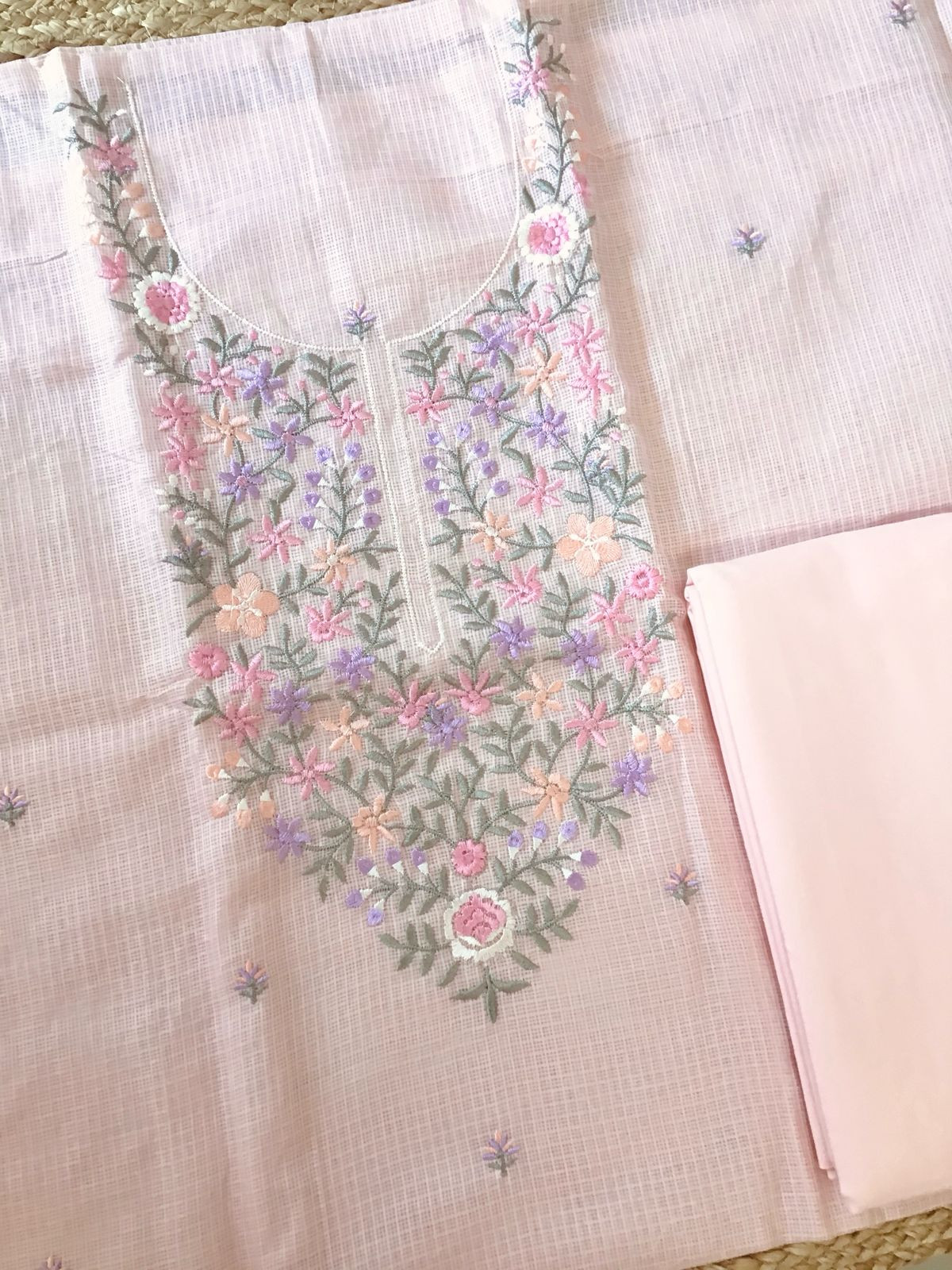 Soft Kota Silk Embroidered Suit - Peach