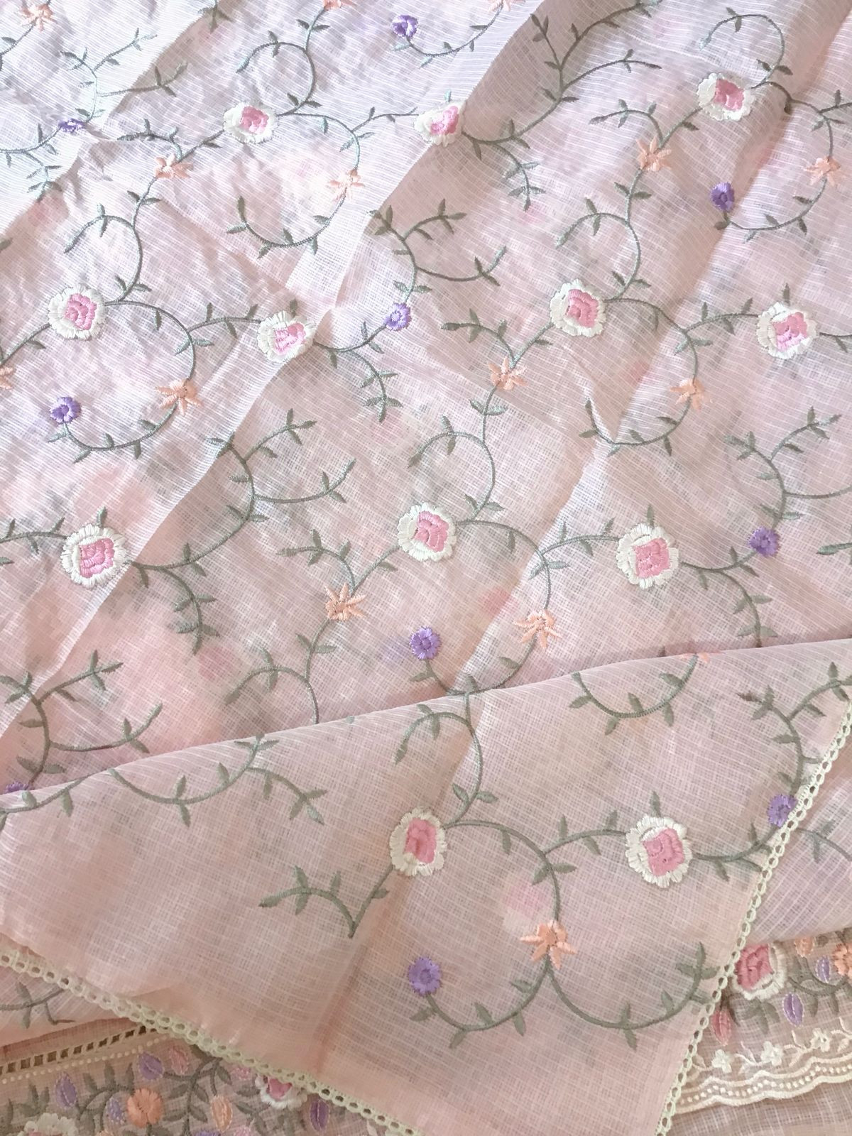 Soft Kota Silk Embroidered Suit - Peach