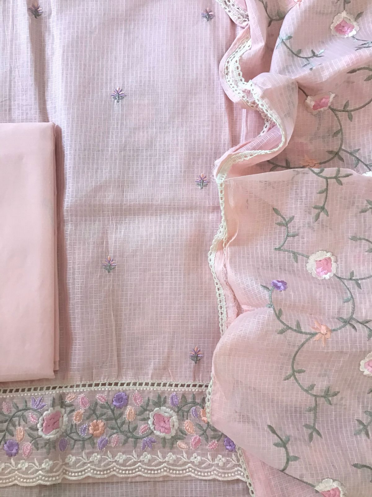 Soft Kota Silk Embroidered Suit - Peach