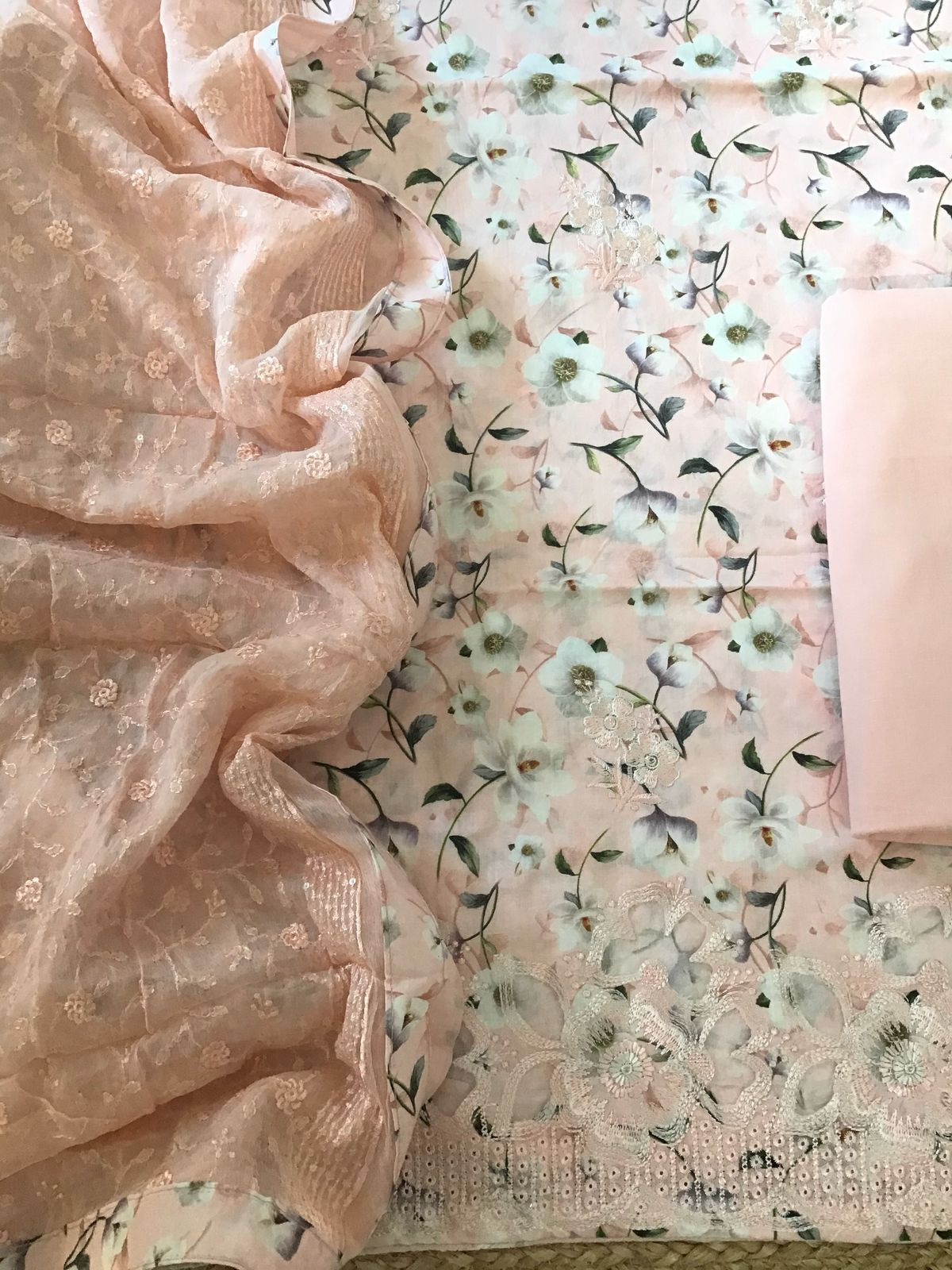 Pure Cotton Printed Embroidered Suit - Peach