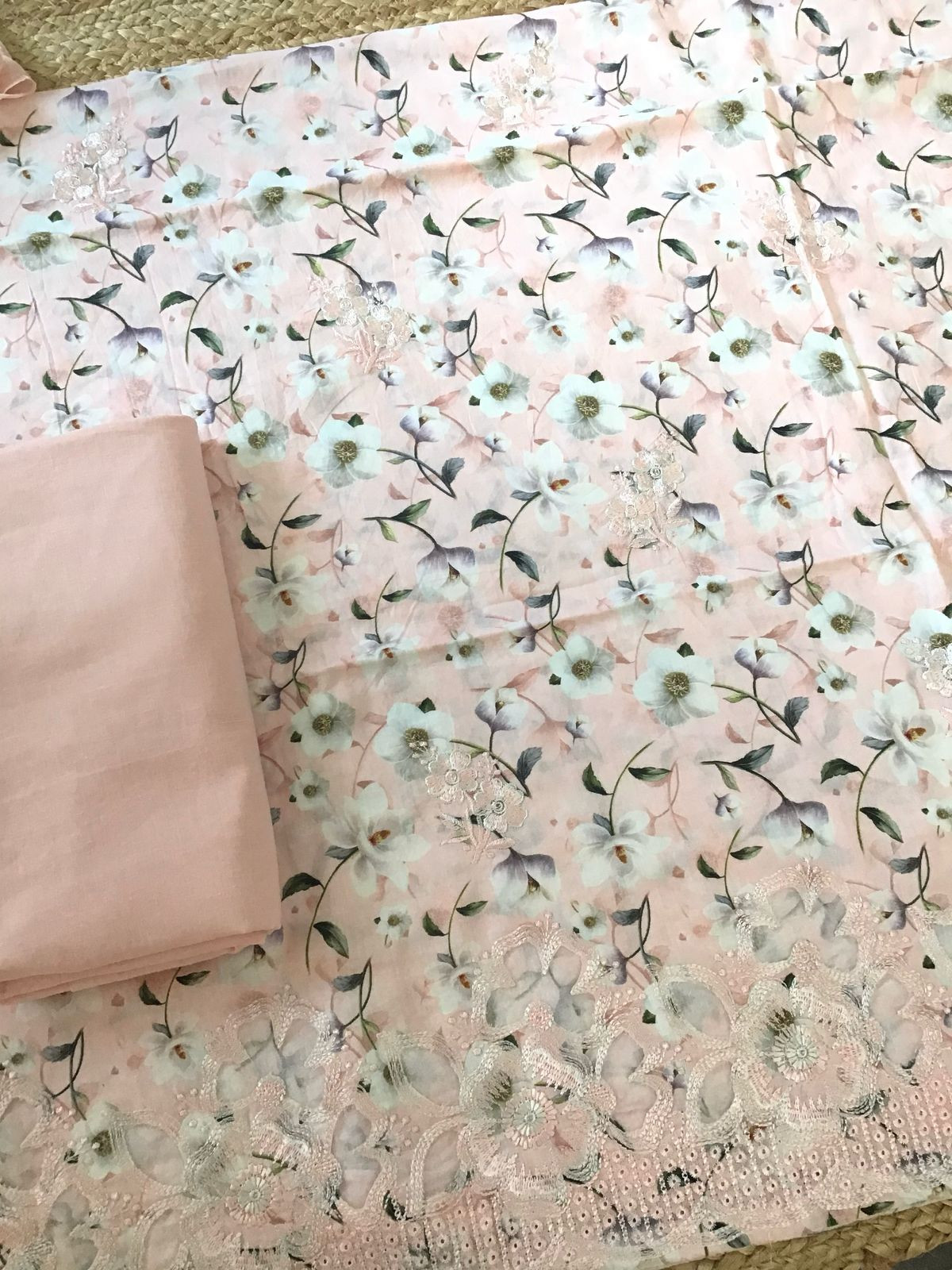 Pure Cotton Printed Embroidered Suit - Peach