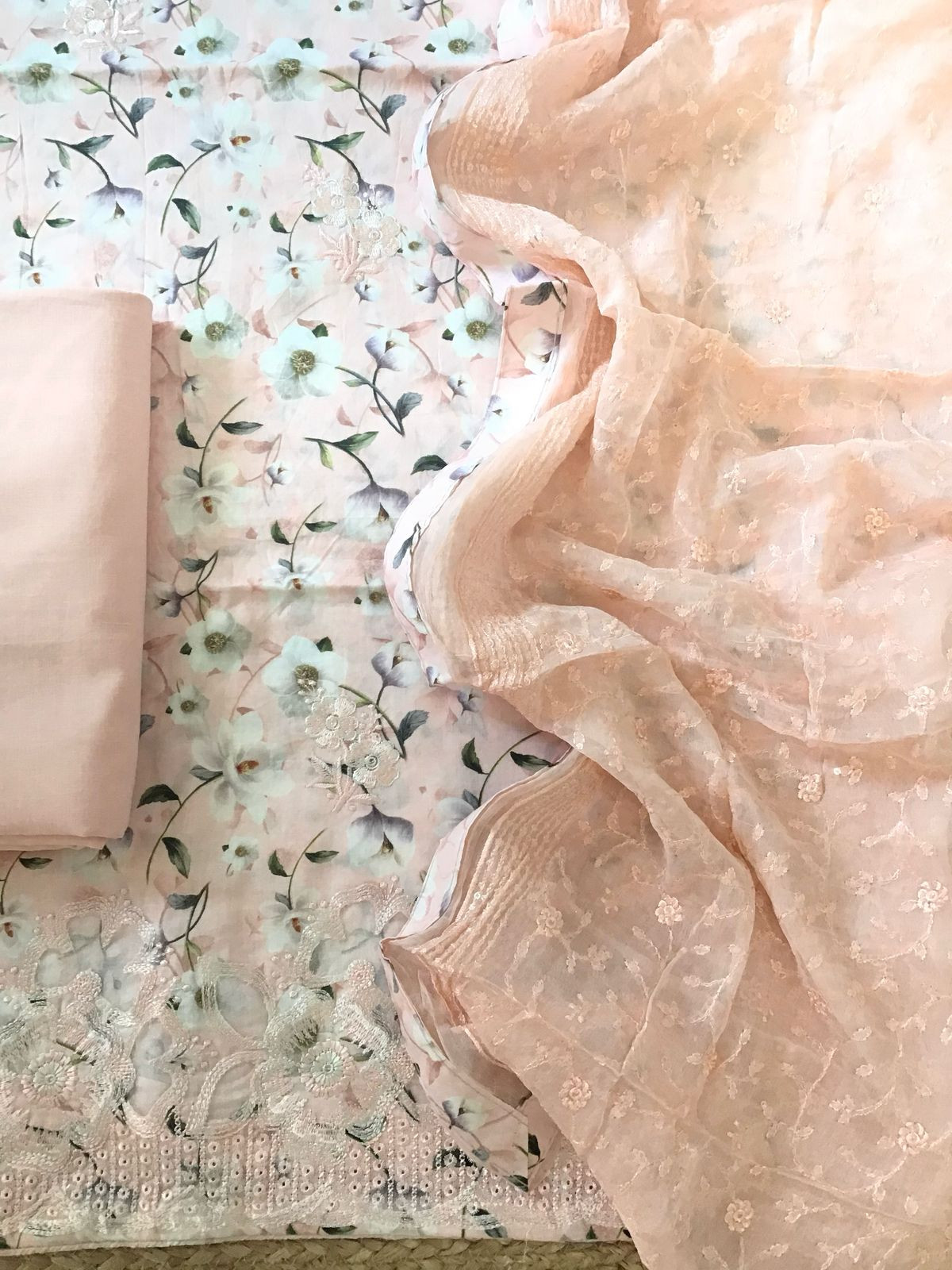 Pure Cotton Printed Embroidered Suit - Peach