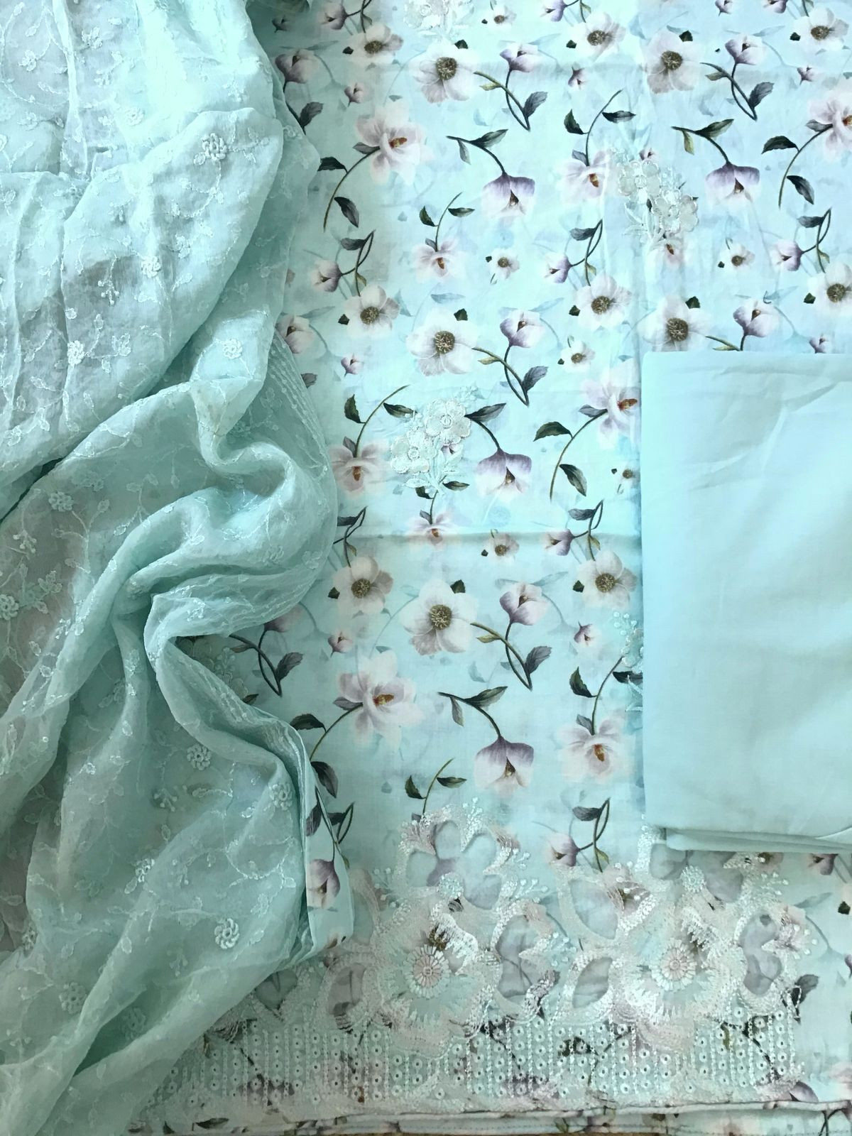 Pure Cotton Printed Embroidered Suit - Blue