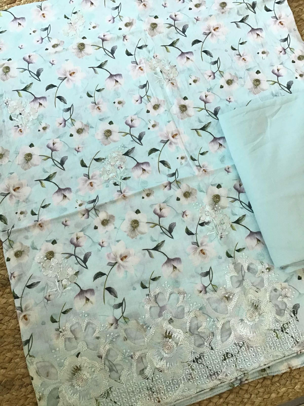 Pure Cotton Printed Embroidered Suit - Blue