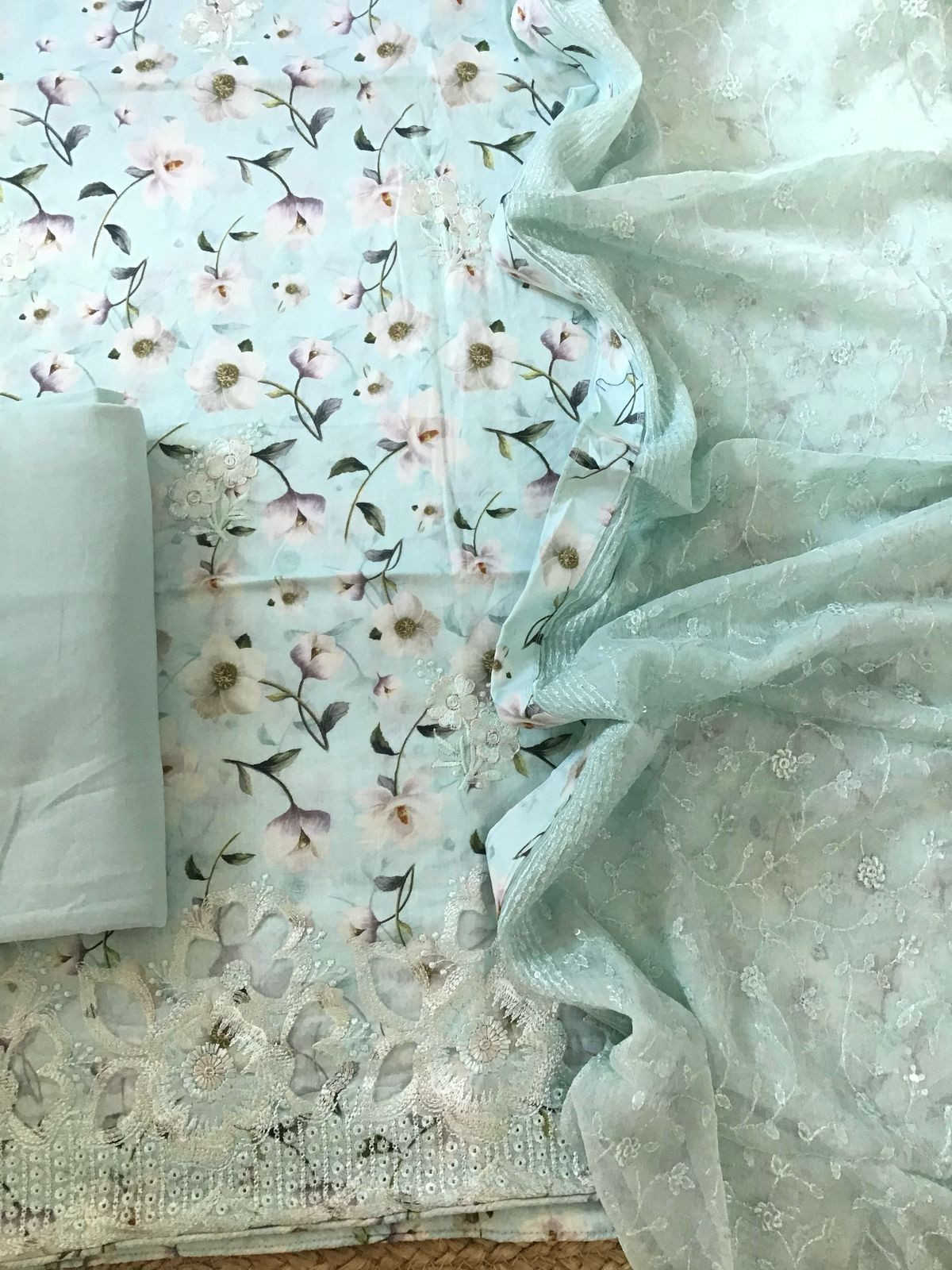 Pure Cotton Printed Embroidered Suit - Blue