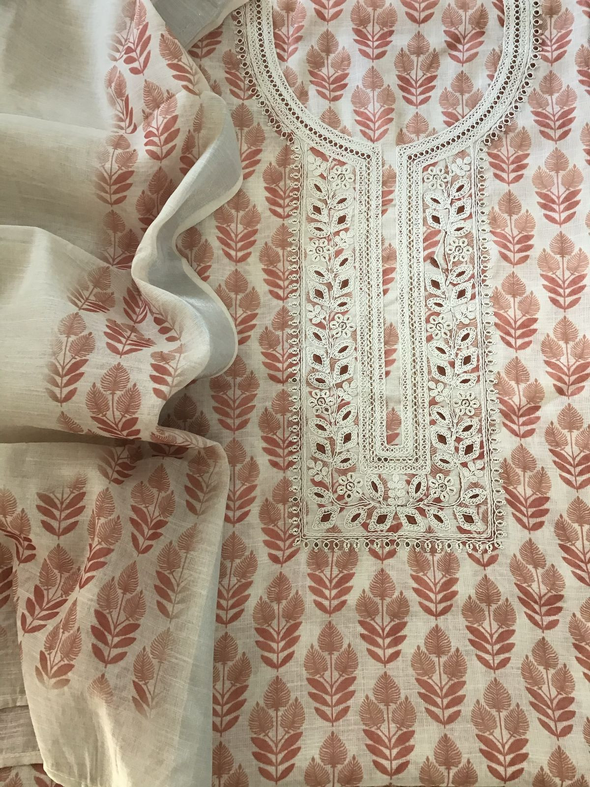 Soft Linen Jute Cotton Printed Embroidered Suit - Cream