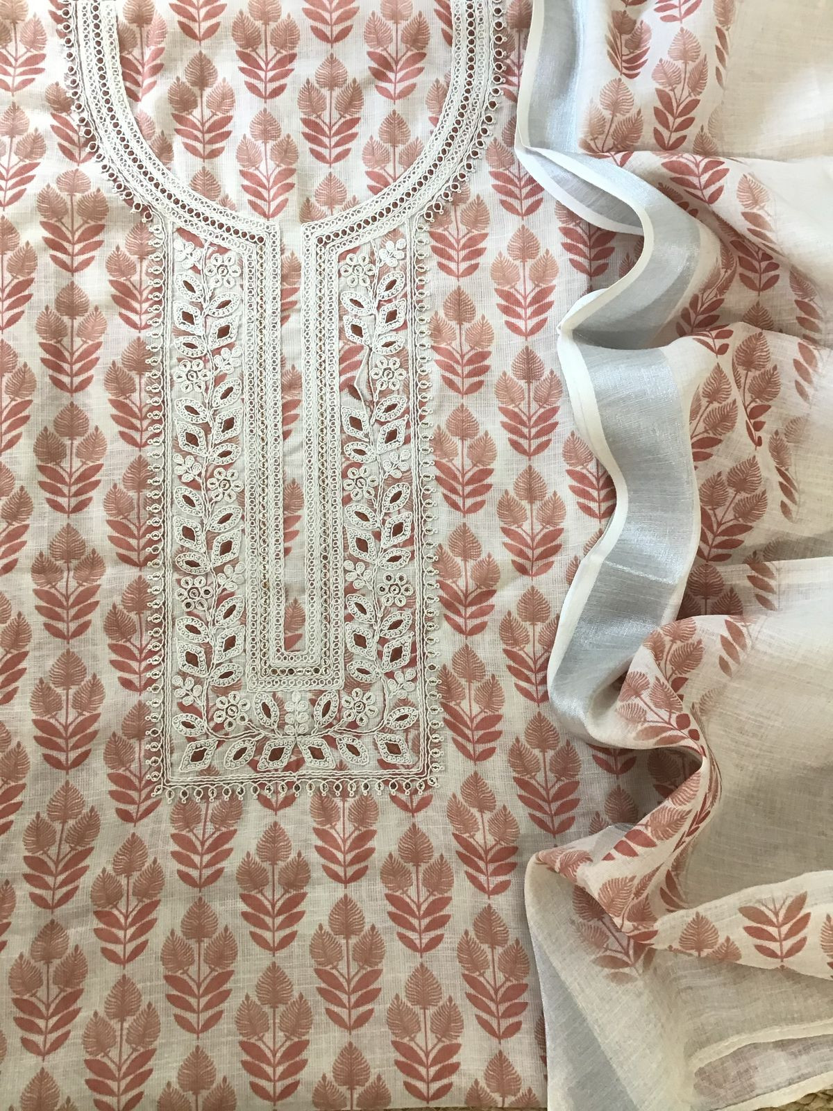 Soft Linen Jute Cotton Printed Embroidered Suit - Cream