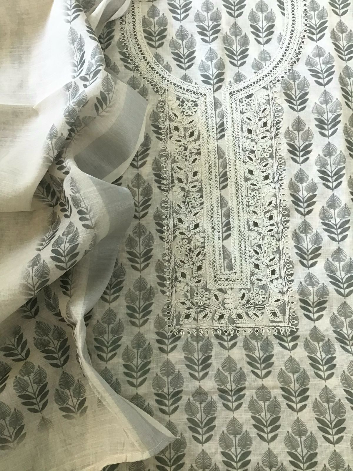 Soft Linen Jute Cotton Printed Embroidered Suit - Cream