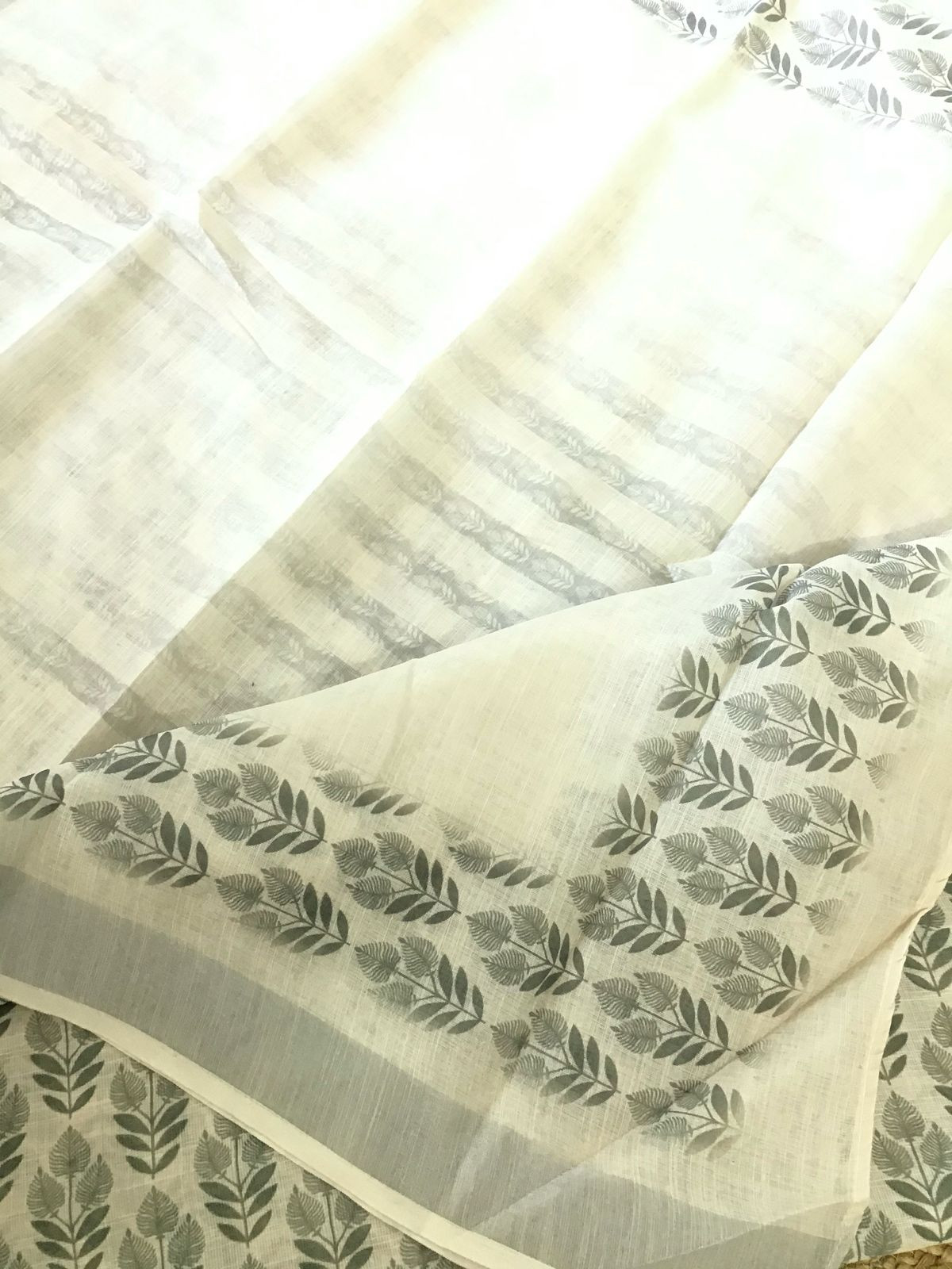 Soft Linen Jute Cotton Printed Embroidered Suit - Cream