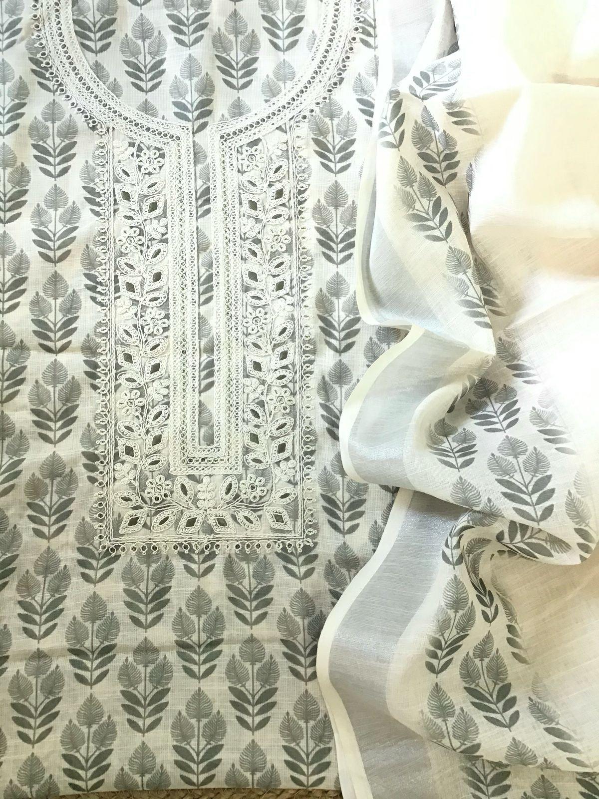 Soft Linen Jute Cotton Printed Embroidered Suit - Cream