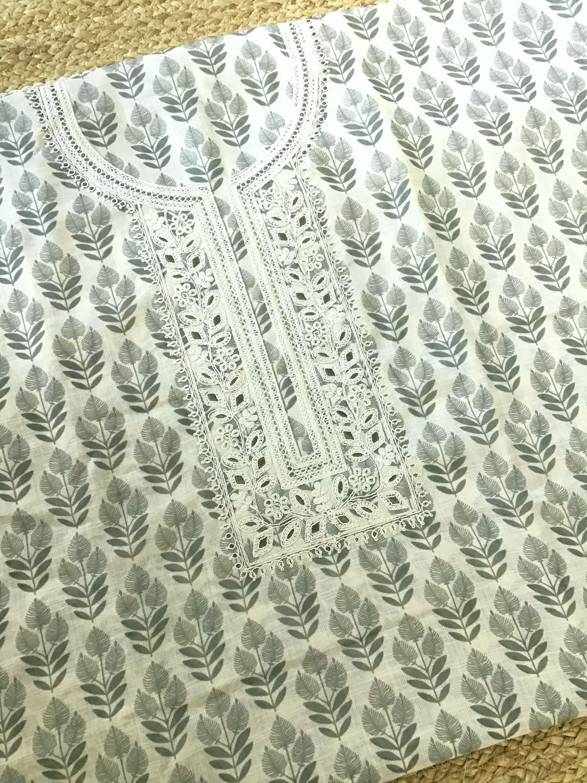 Soft Linen Jute Cotton Printed Embroidered Suit - Cream