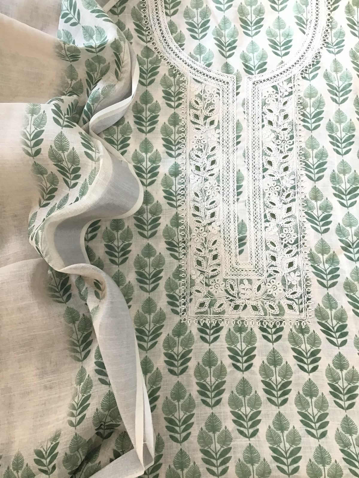 Soft Linen Jute Cotton Printed Embroidered Suit - Cream