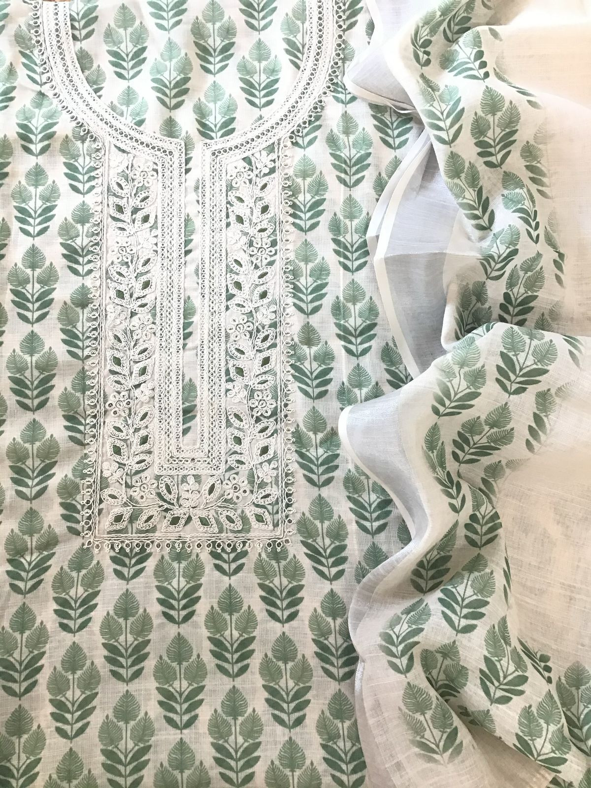 Soft Linen Jute Cotton Printed Embroidered Suit - Cream