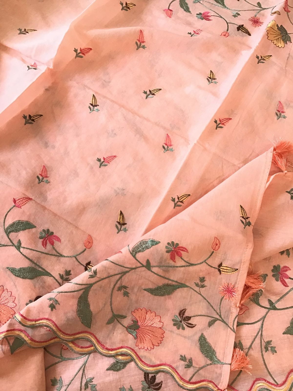 Pure Chanderi Embroidered Suit - Peach