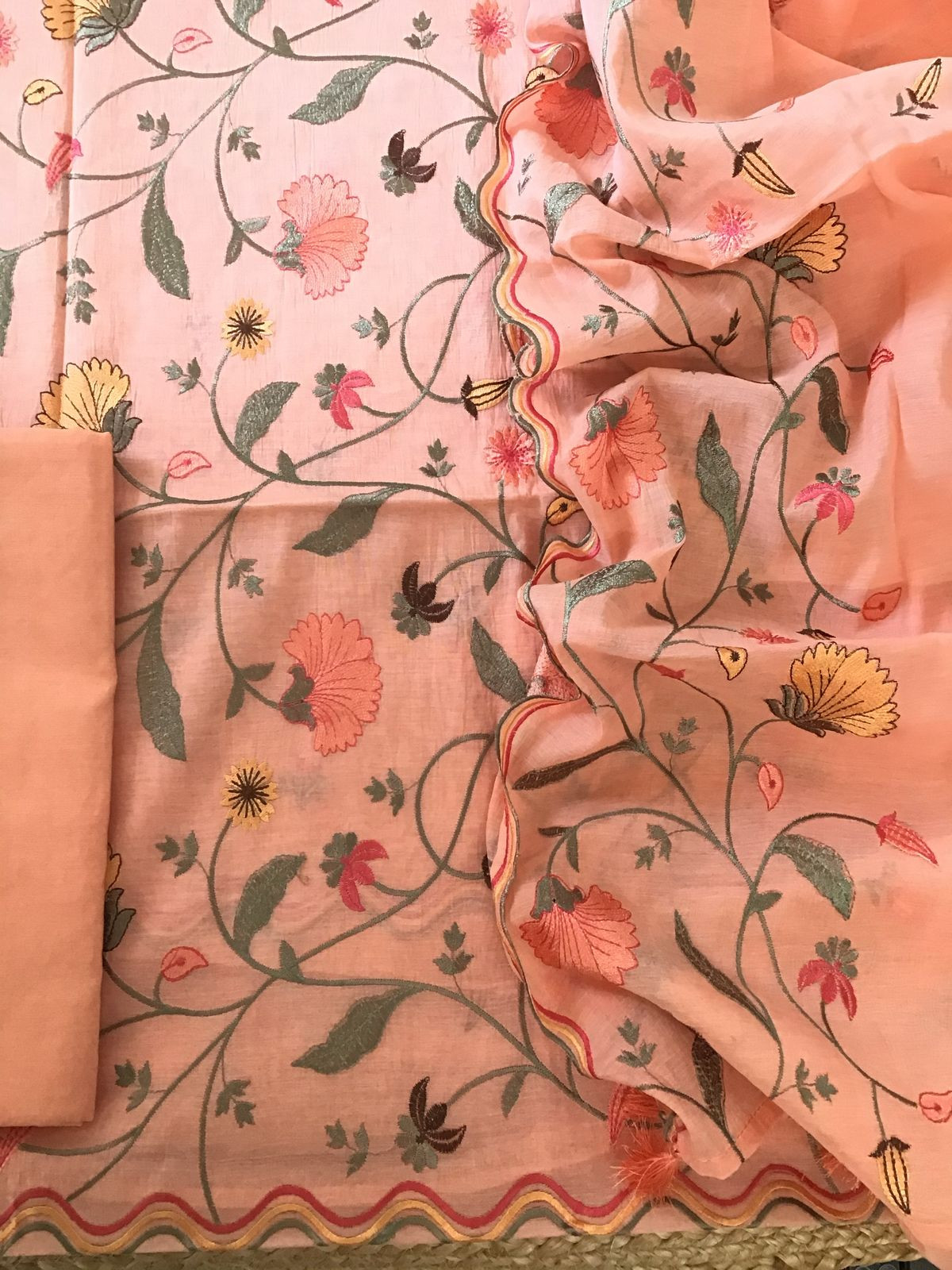 Pure Chanderi Embroidered Suit - Peach