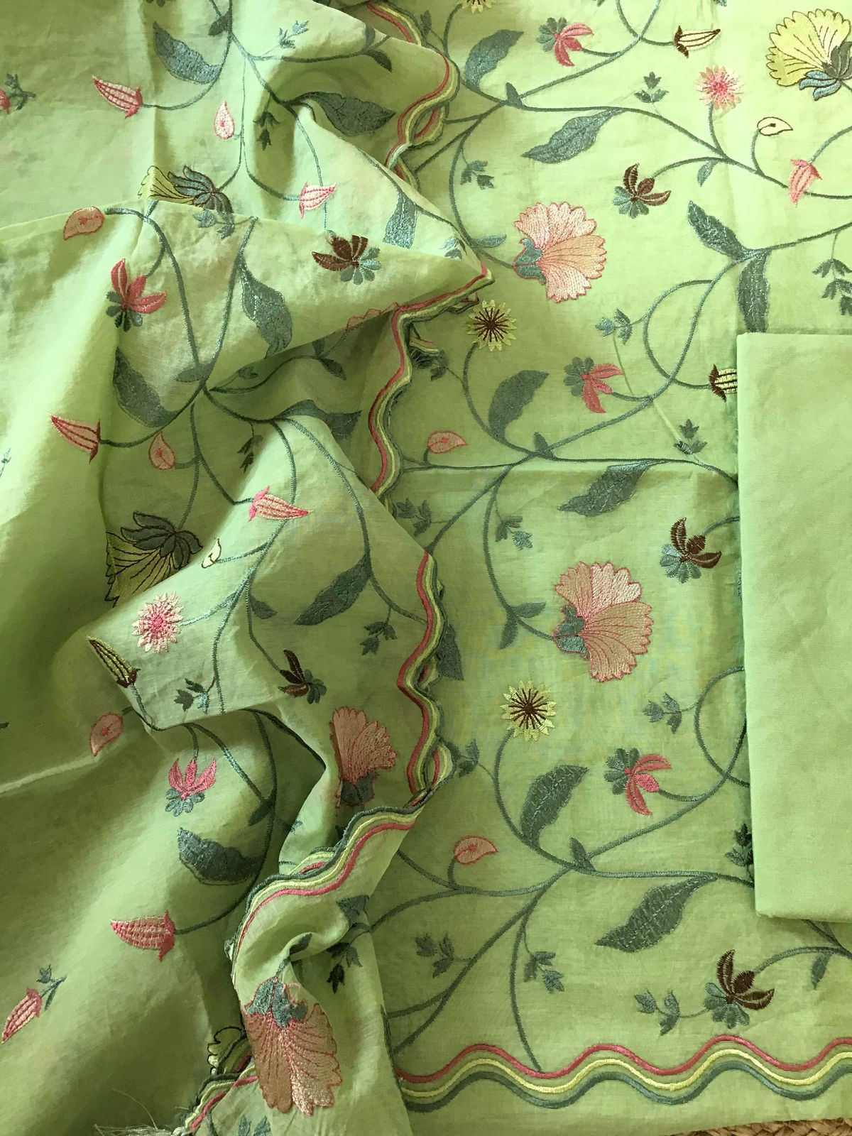 Pure Chanderi Embroidered Suit - Green